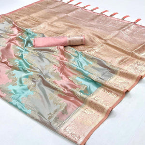 ⁠Peach Floral Woven Satin Saree With Tassels