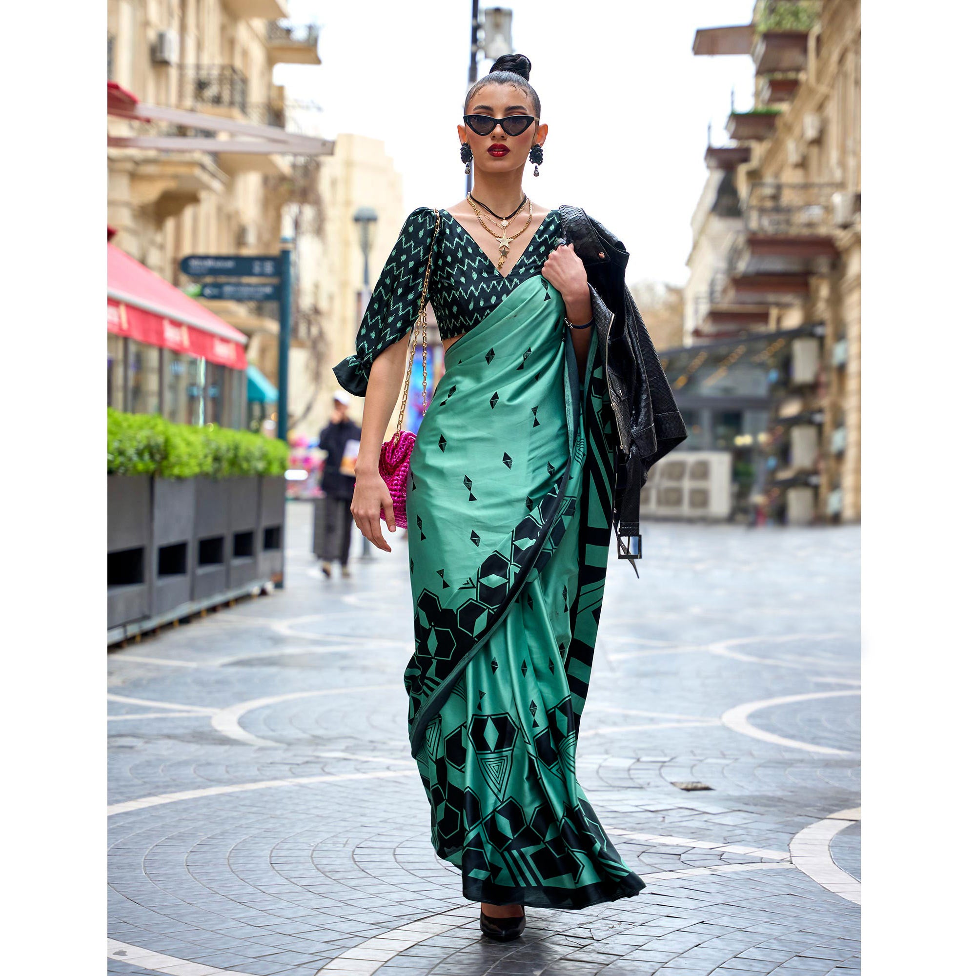 Sea Green Printed Satin Saree