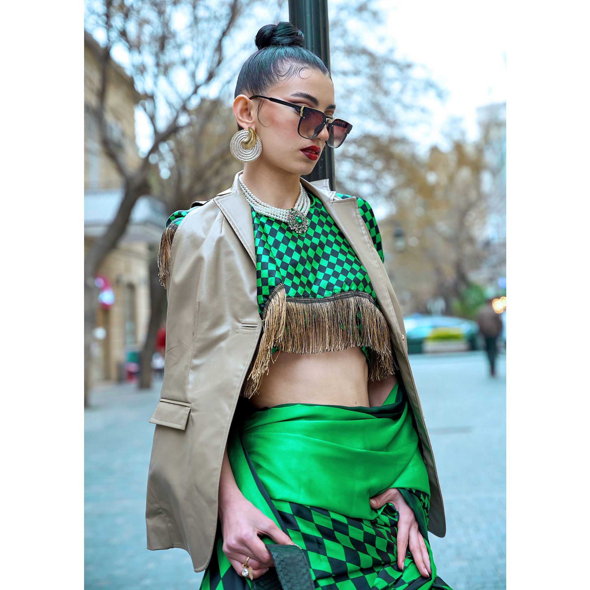 Green Printed Satin Saree