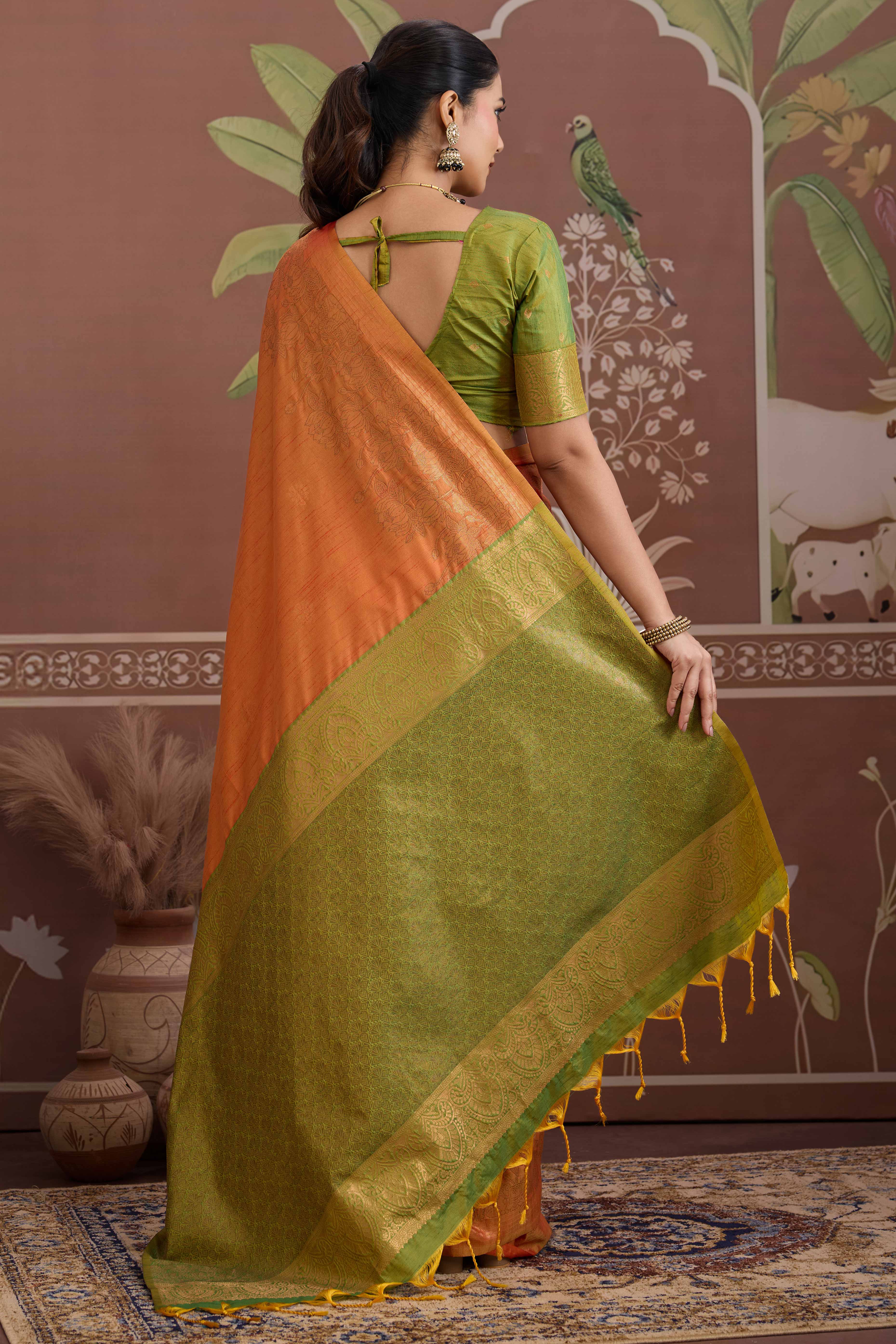 Luxury Orange Pichwai Style Saree in Silk Blend with Intricate Zari Work