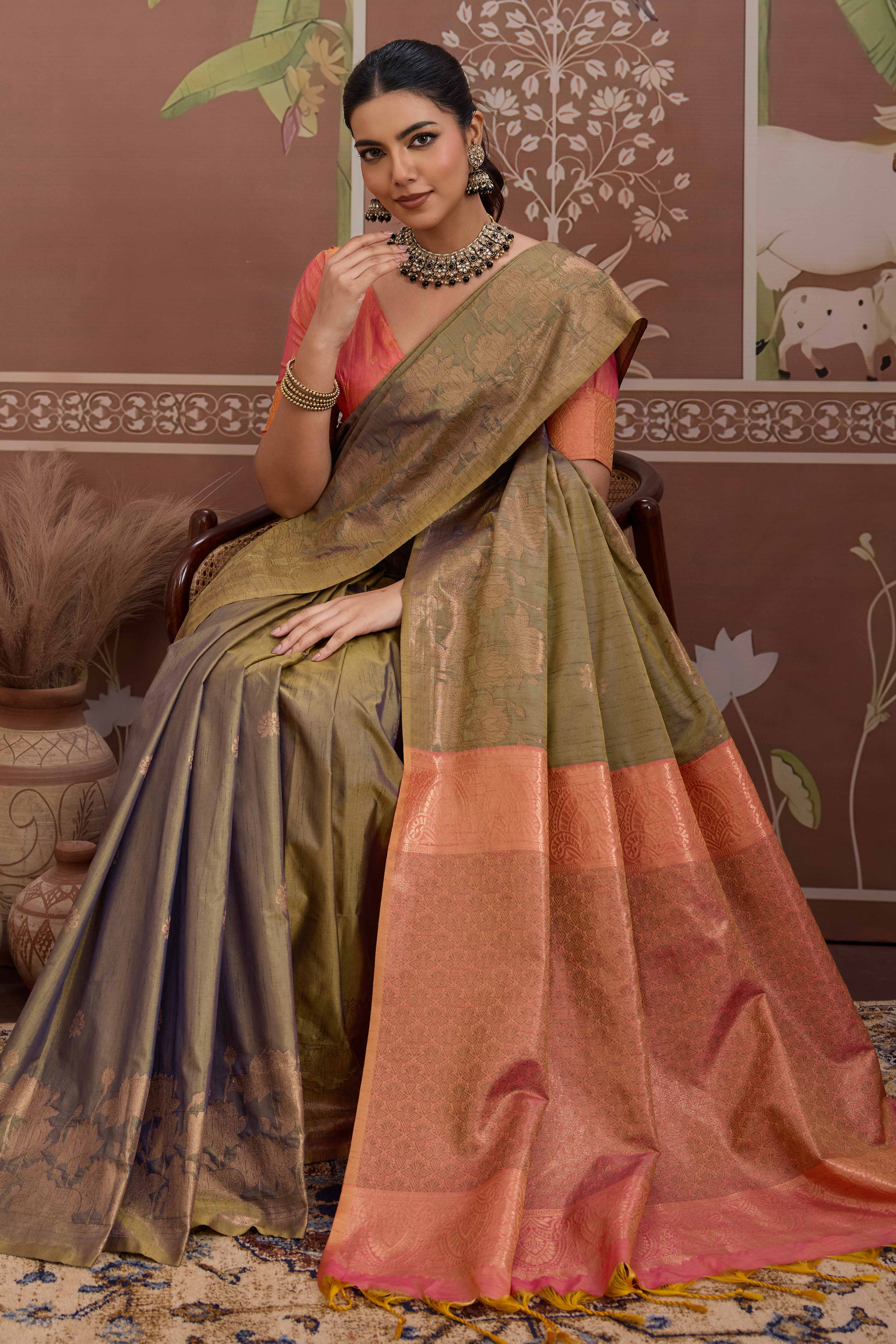 Luxury Olive Pichwai Style Saree in Silk Blend with Intricate Zari Work