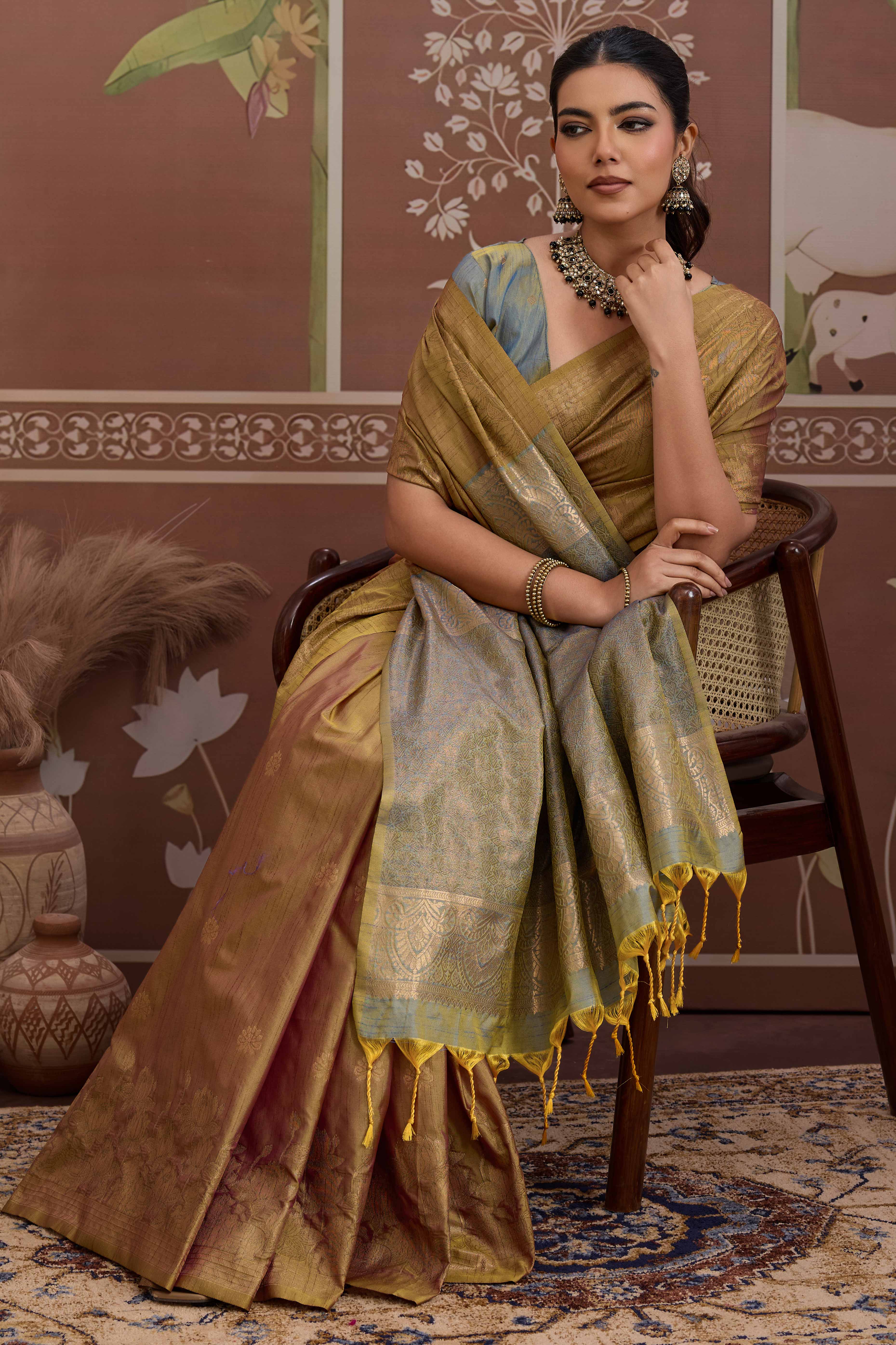 Luxury Brownish Gold Pichwai Style Saree in Silk Blend with Intricate Zari Work