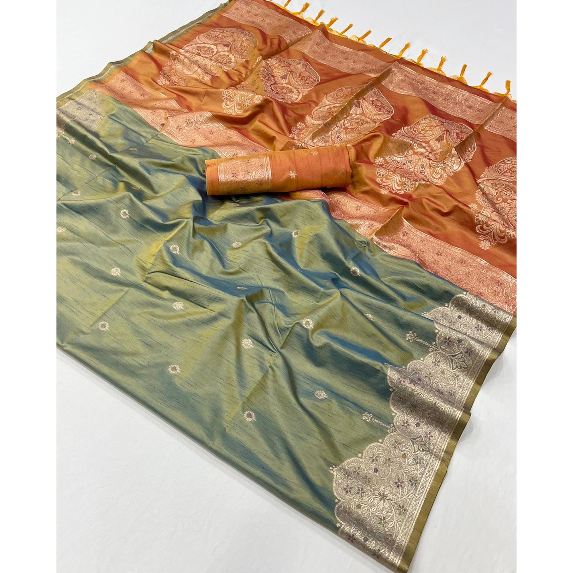 Grey Floral Zari Woven Tussar Silk Saree
