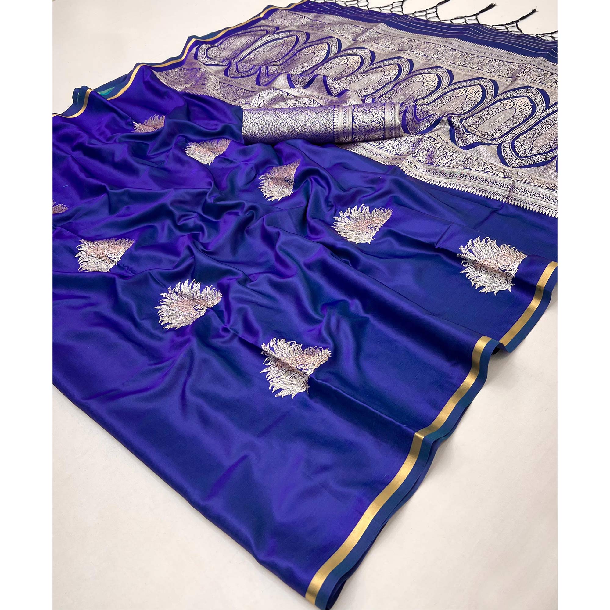 Blue Satin Saree Featuring Intricate Handloom Weaving