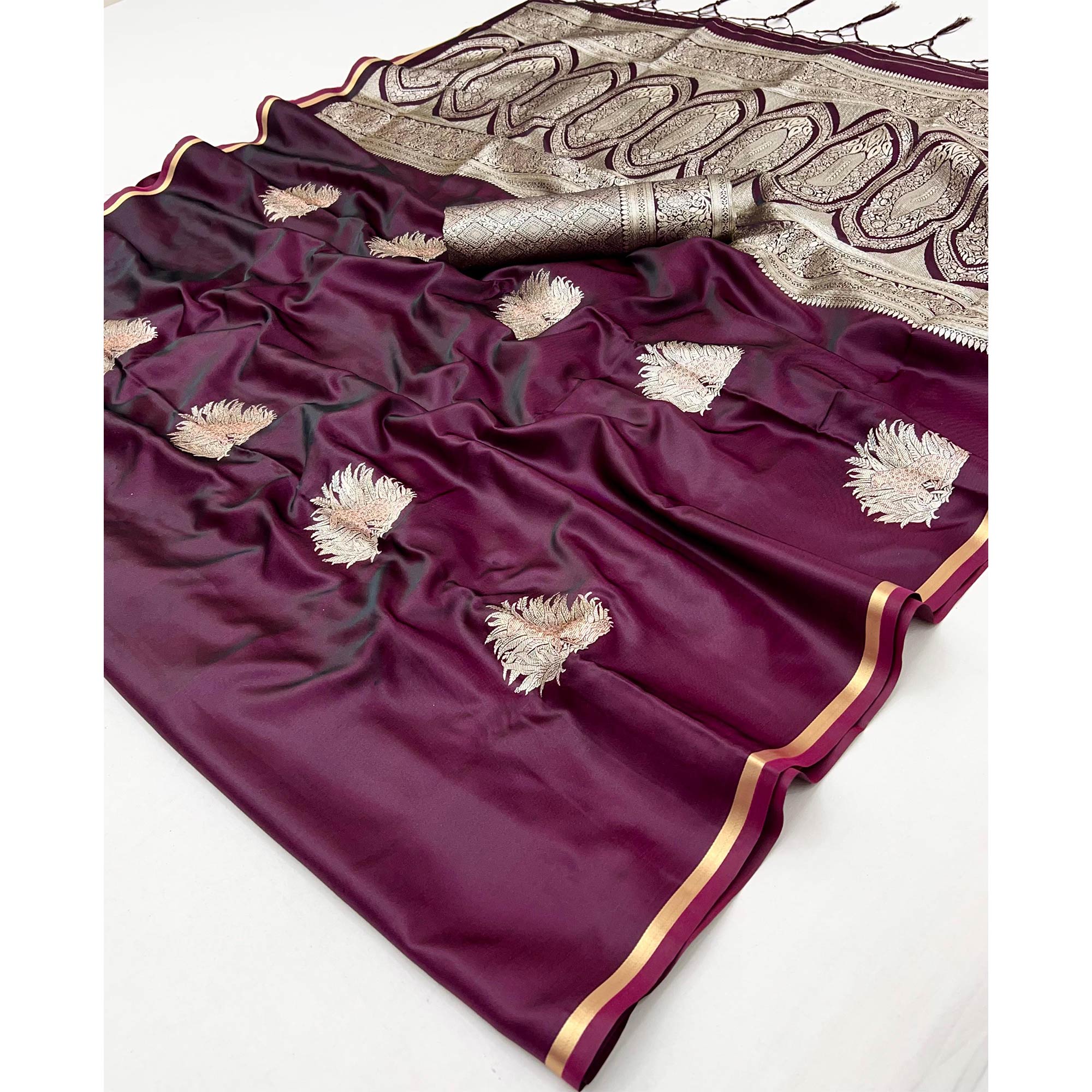 Wine Satin Saree Featuring Intricate Handloom Weaving