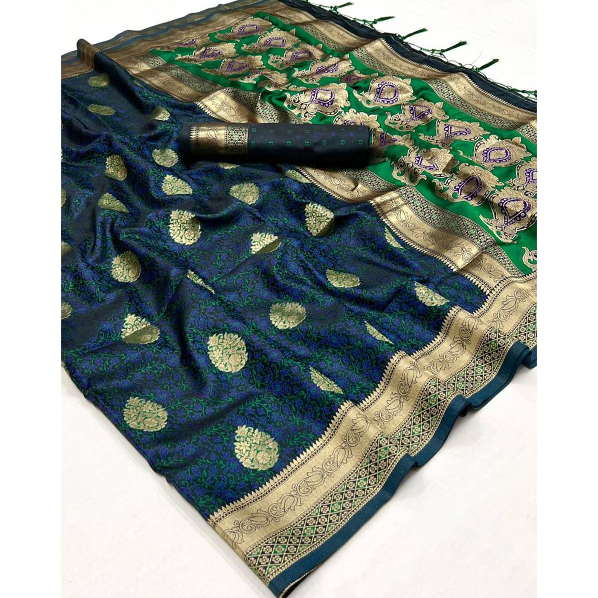 Teal Blue Floral Woven Satin Saree With Tassels