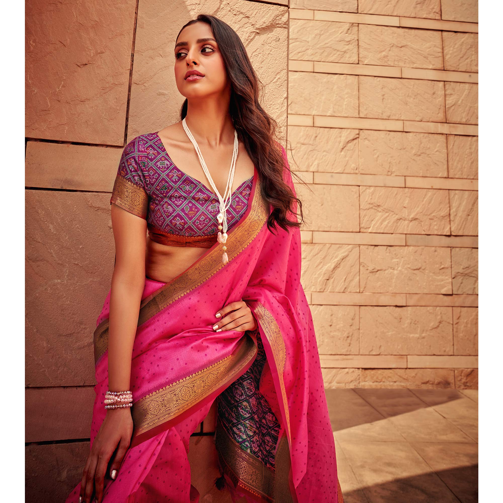 Pink Weaved Patola Tussar Silk Saree With Tassels