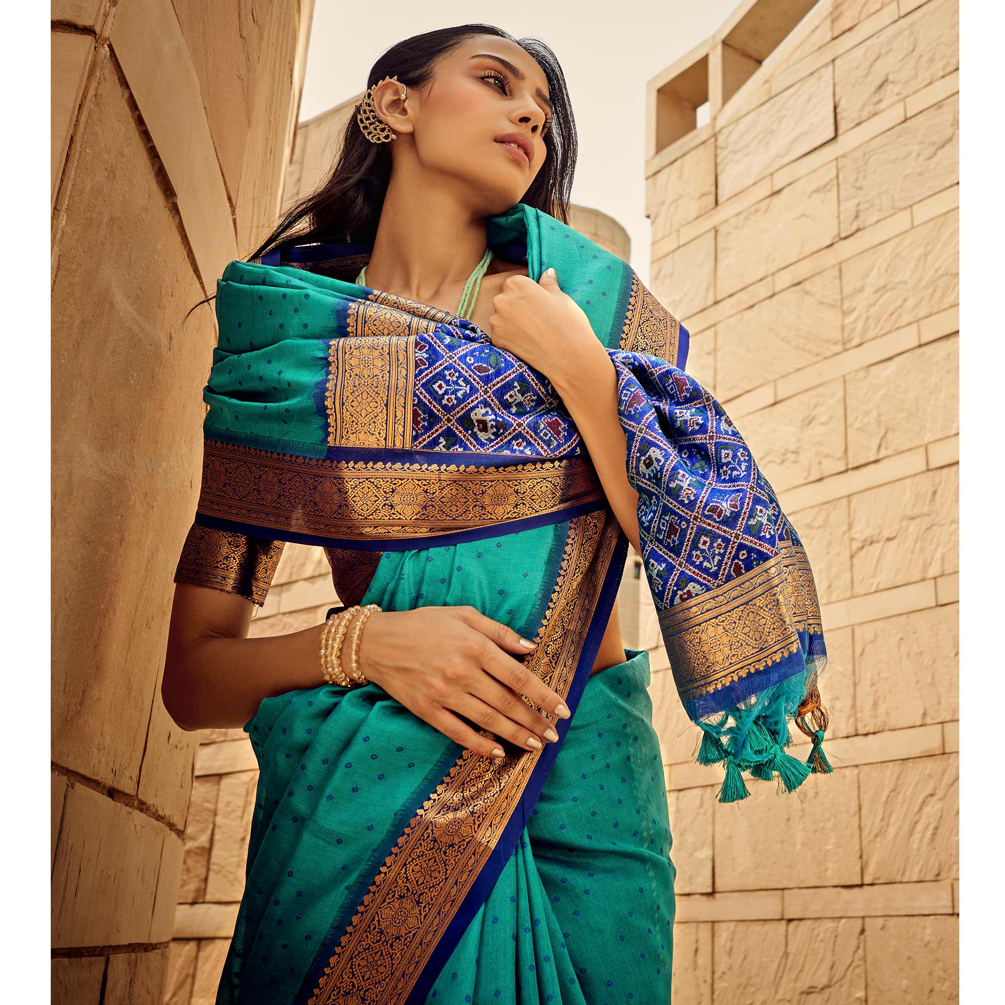 Rama Green Weaved Patola Tussar Silk Saree With Tassels