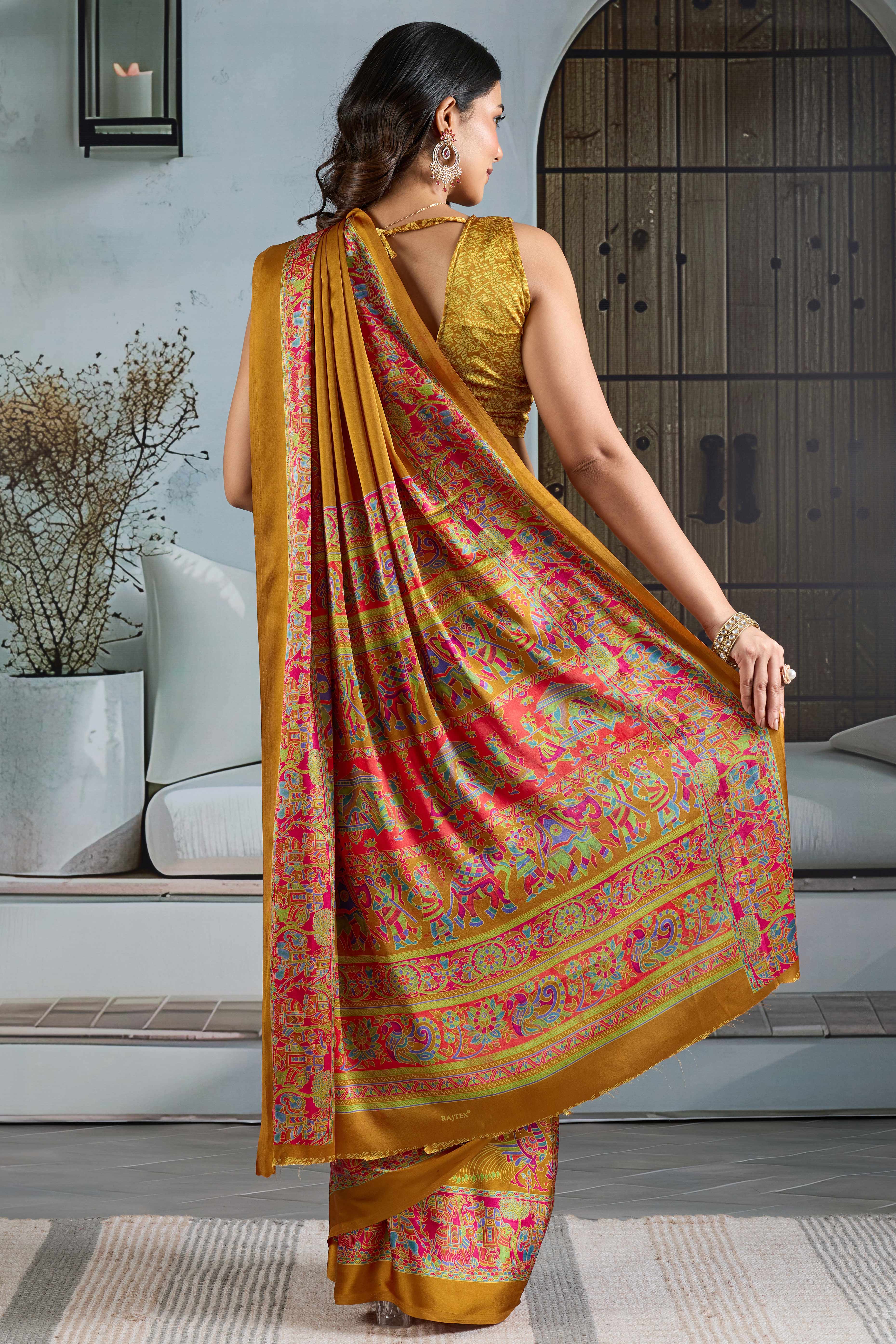 Classic Mustard Solid Modal Satin Saree With Multicolor Traditional Folk Art Printed Border & Pallu