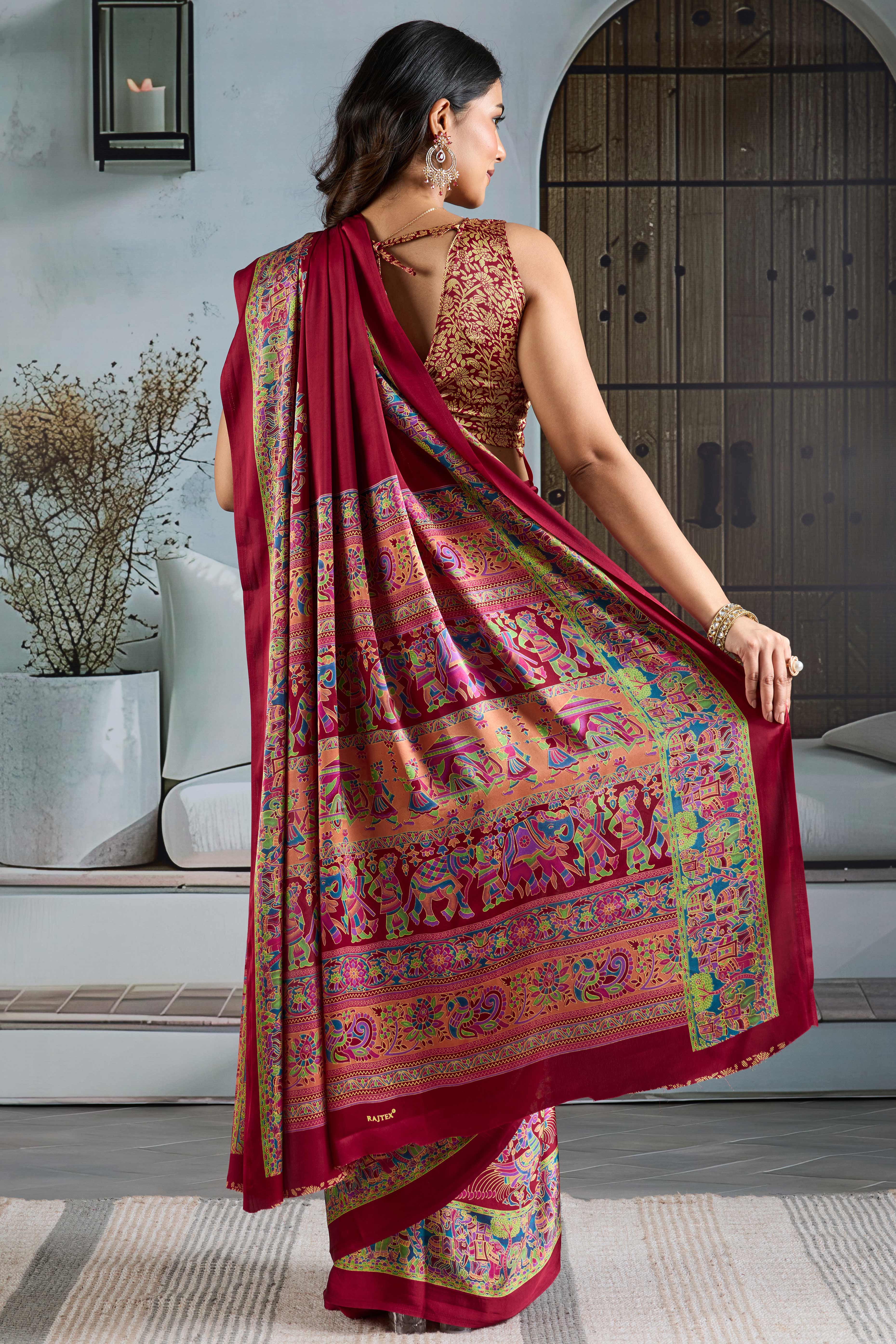 Classic Maroon Solid Modal Satin Saree With Multicolor Traditional Folk Art Printed Border & Pallu