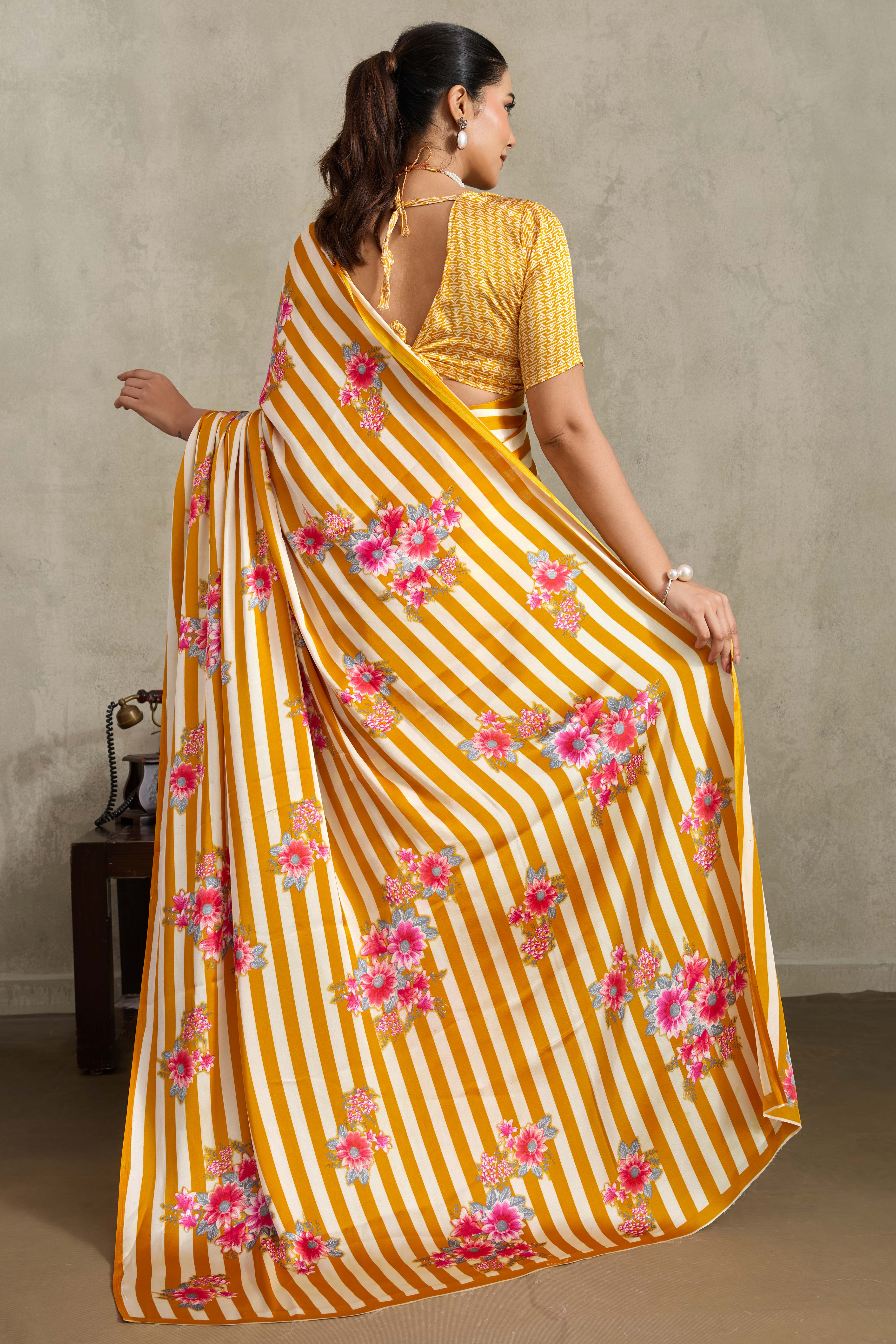 Mustard Elegant Ajrakh Printed Modal Satin Saree Designed for Festive & Party Occasions