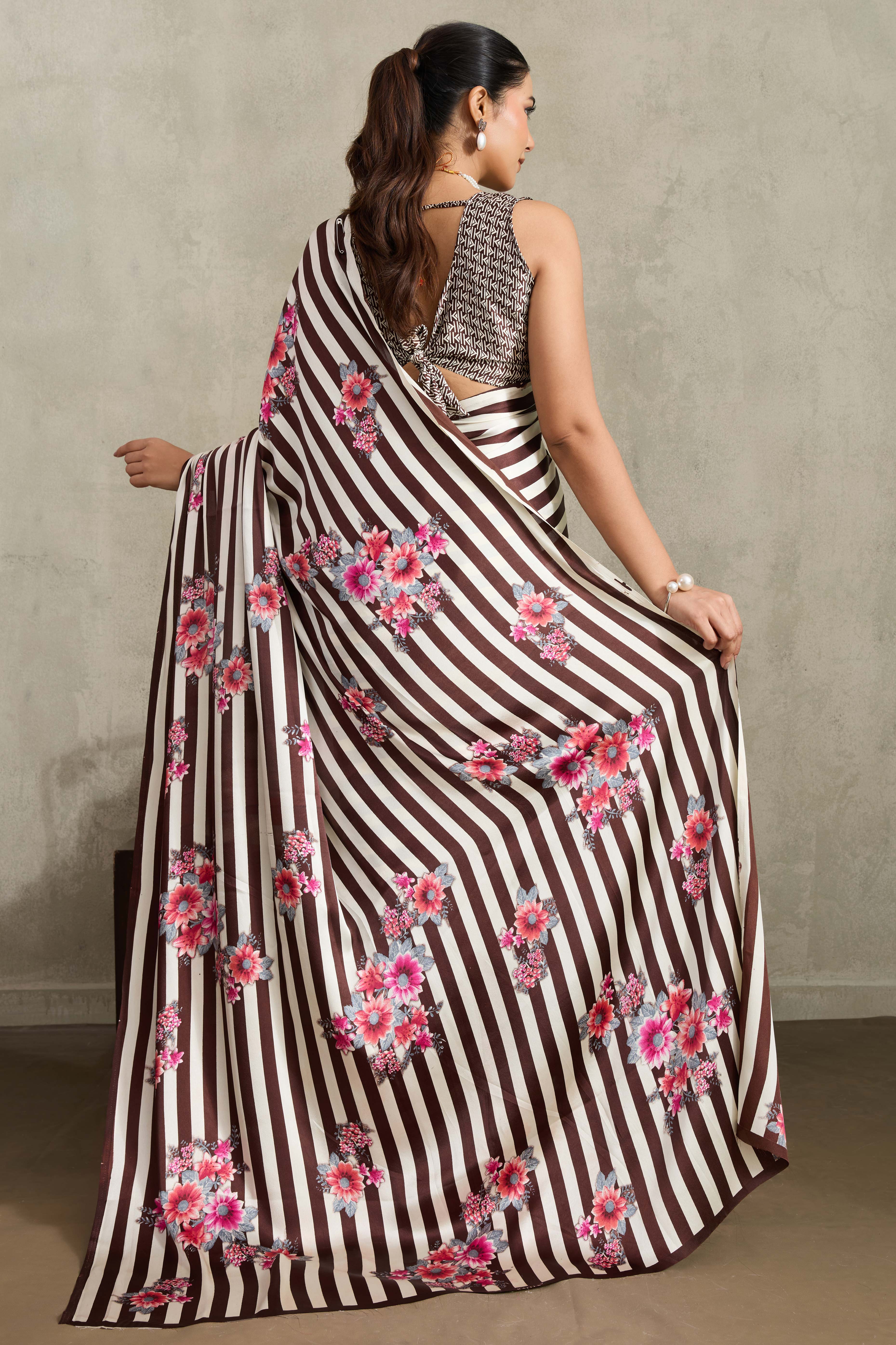 Brown Elegant Ajrakh Printed Modal Satin Saree Designed for Festive & Party Occasions