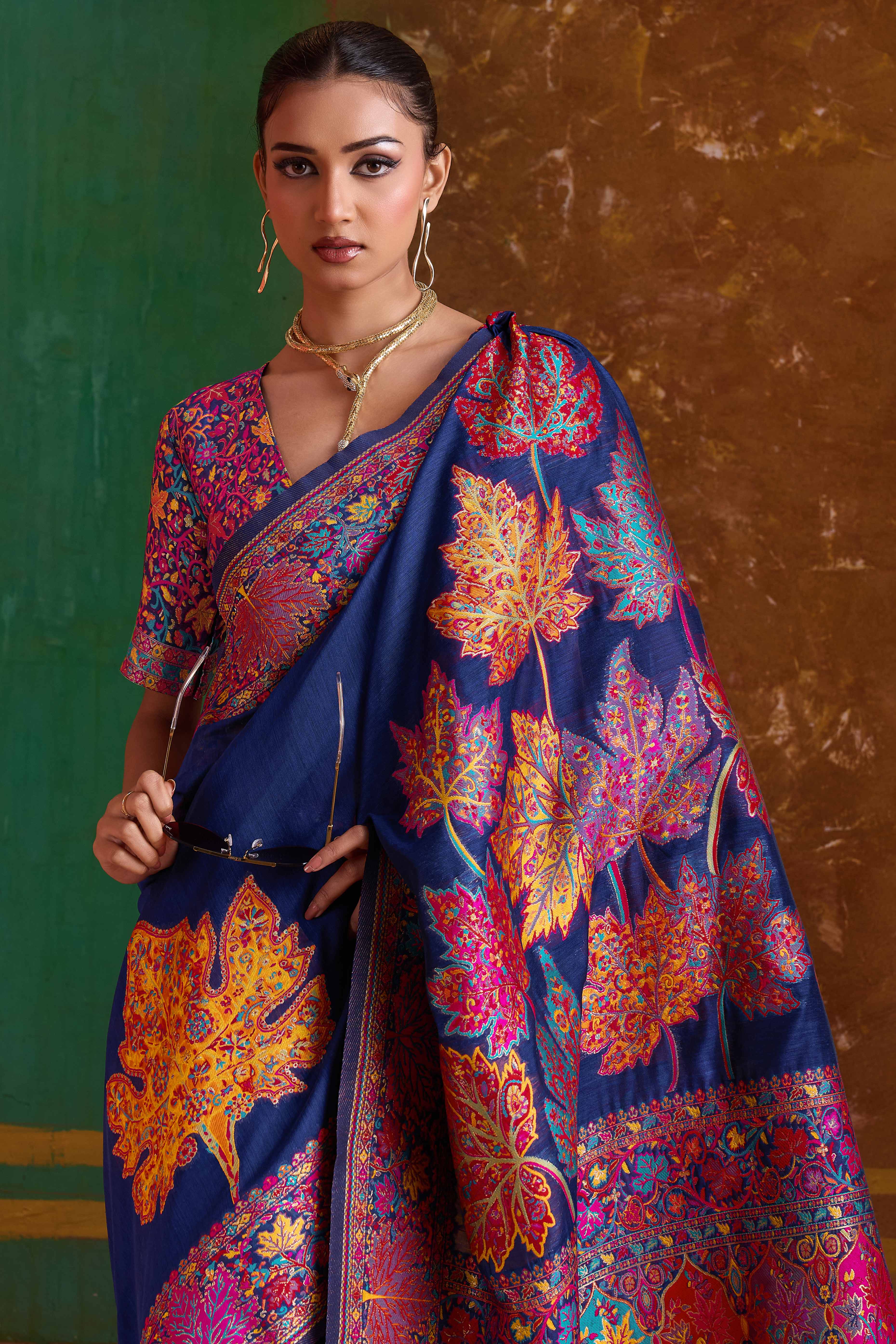 Luxurious Navy Blue Leaf Motif Pashmina Weaving Modal Cotton Blend Saree With Refined Appeal
