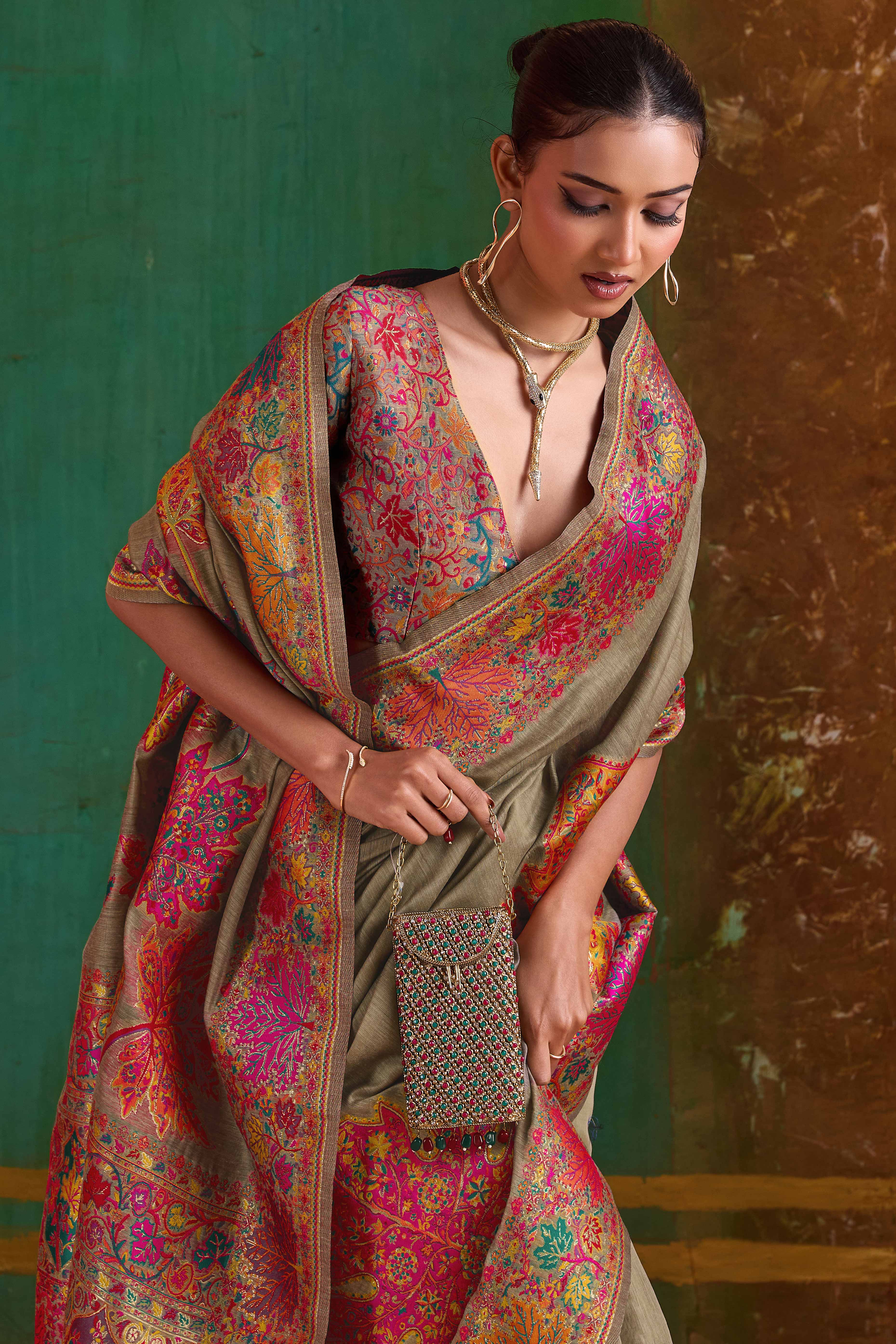 Luxurious Dark Chikoo Leaf Motif Pashmina Weaving Modal Cotton Blend Saree With Refined Appeal