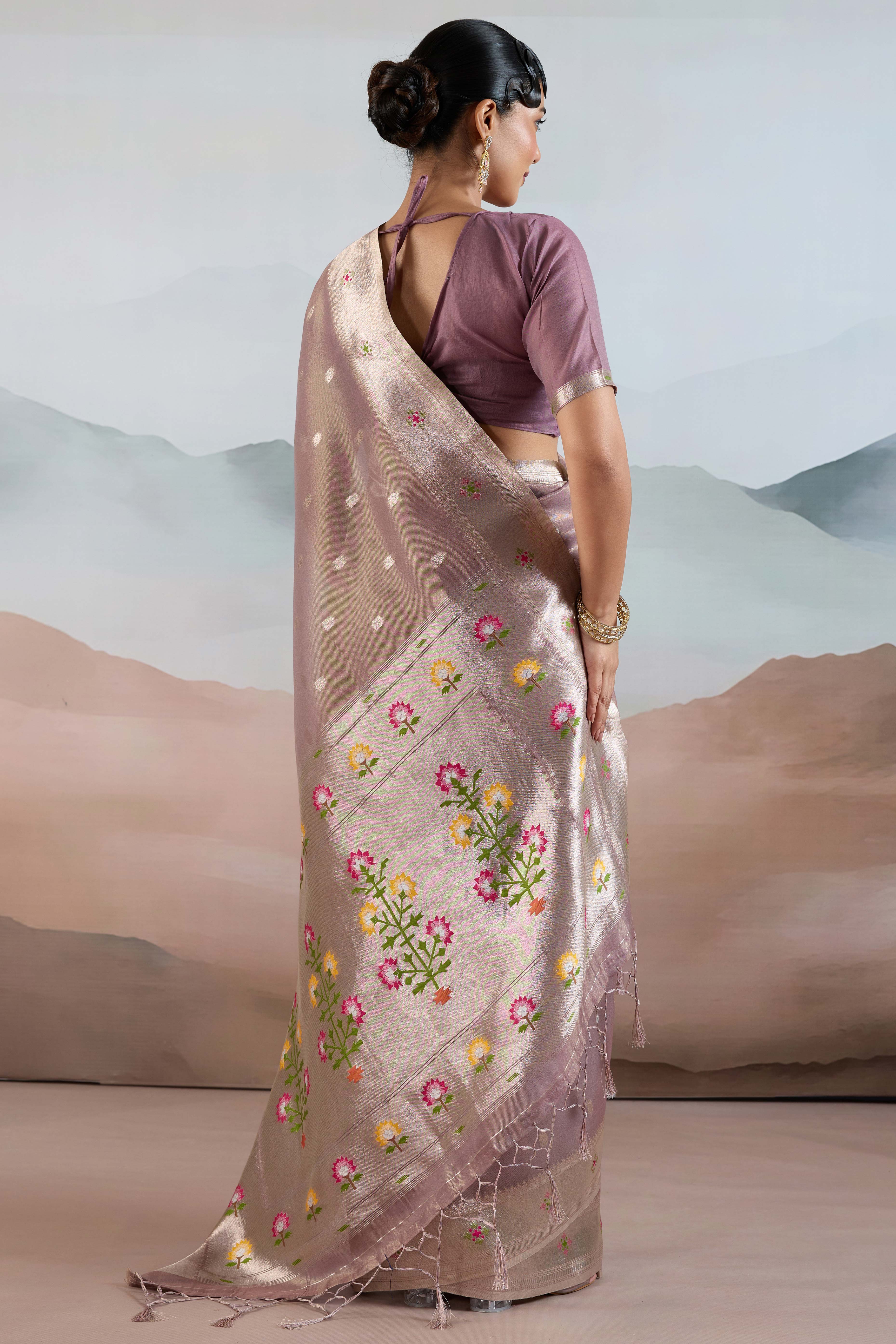 Mauve Festive Tissue Saree Crafted with Artistic Zari Butti Weaving and a Featherlight Texture