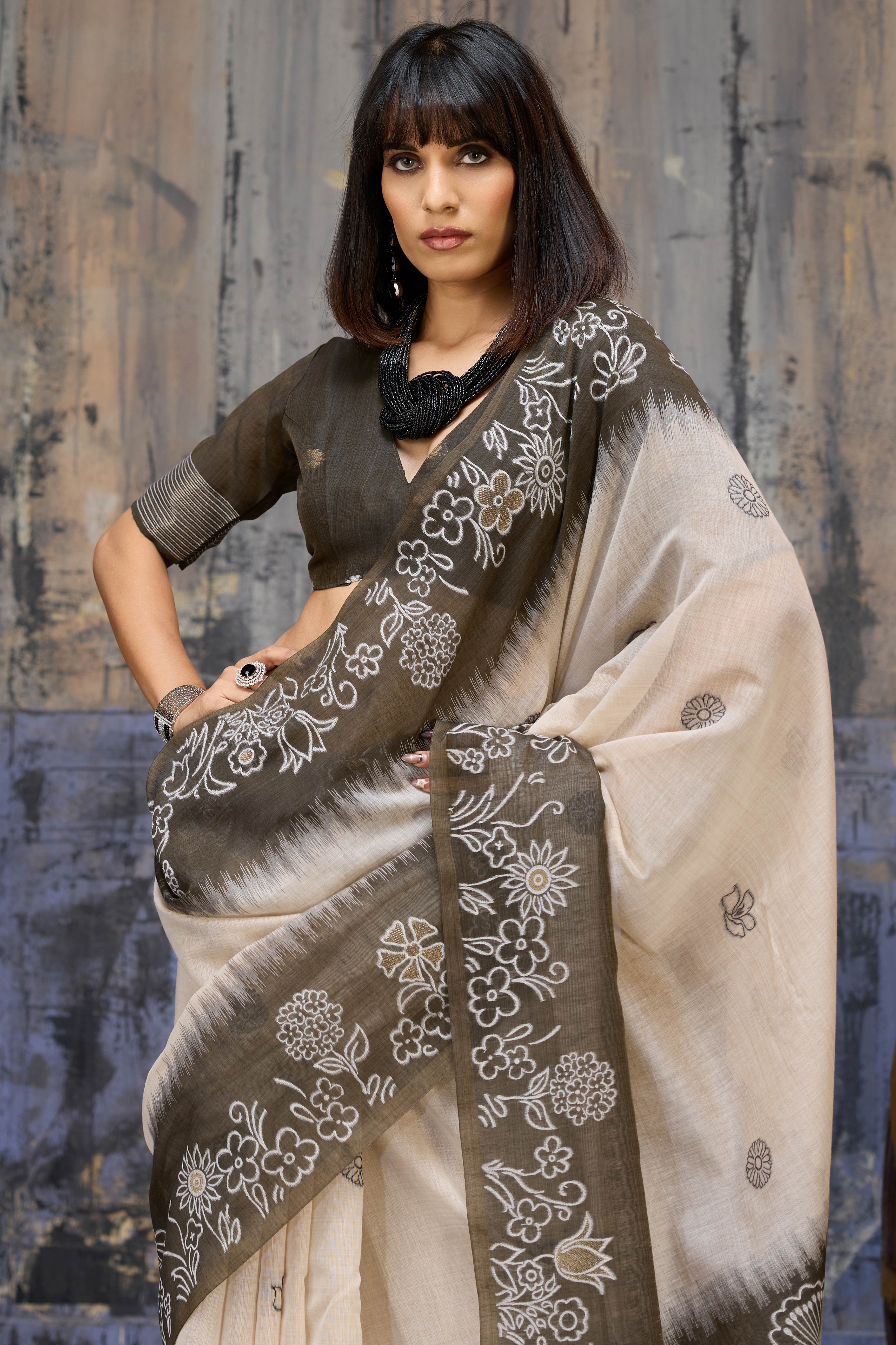 Beige & Dark Brown Classic Munga Cotton Blend Saree with Intricate Floral Woven Detailing