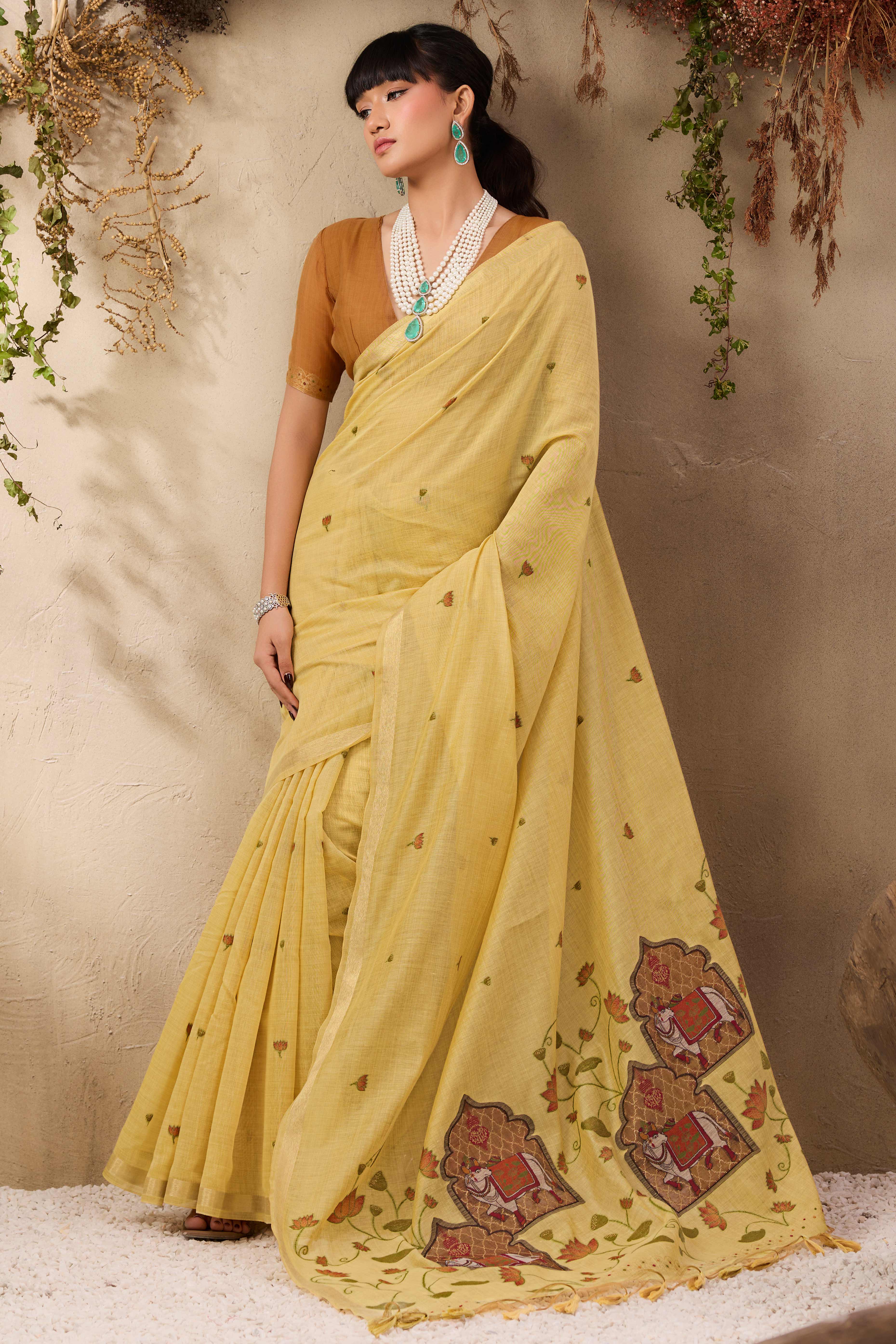 Yellow Lightweight Handloom Munga Cotton Blend Saree Accented with Floral Woven Motifs