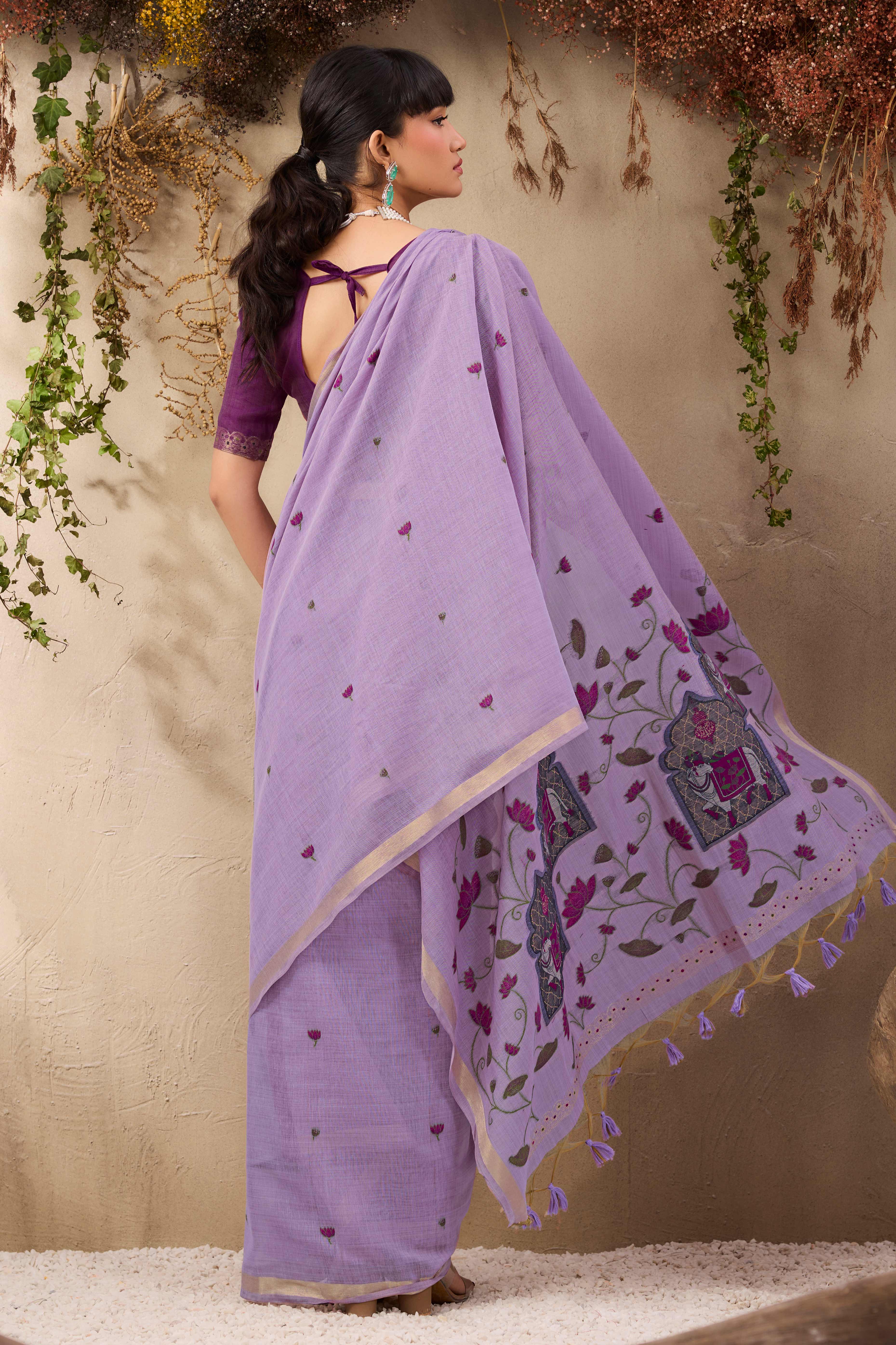 Purple Lightweight Handloom Munga Cotton Blend Saree Accented with Floral Woven Motifs
