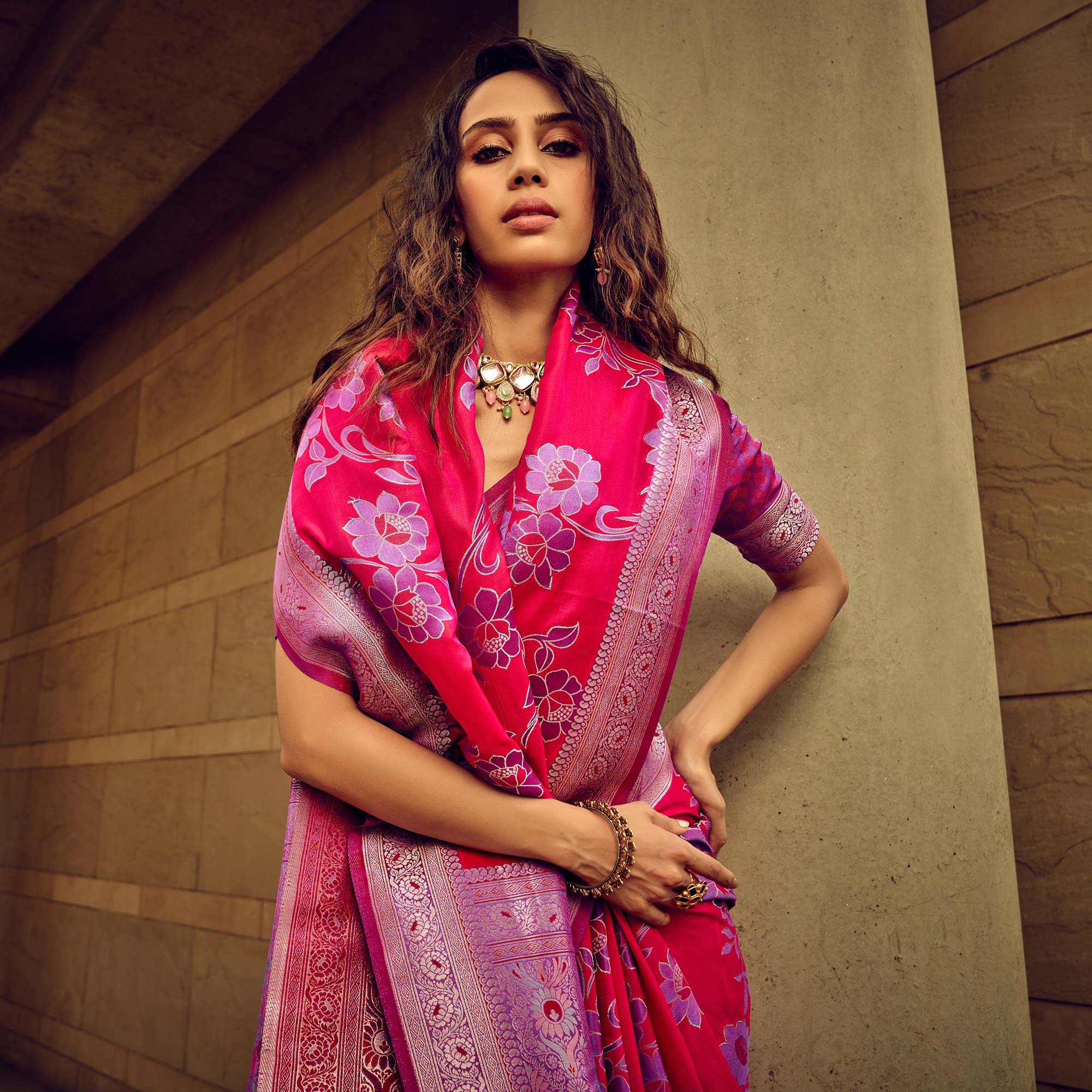 Pink Floral Woven Satin Saree With Tassels