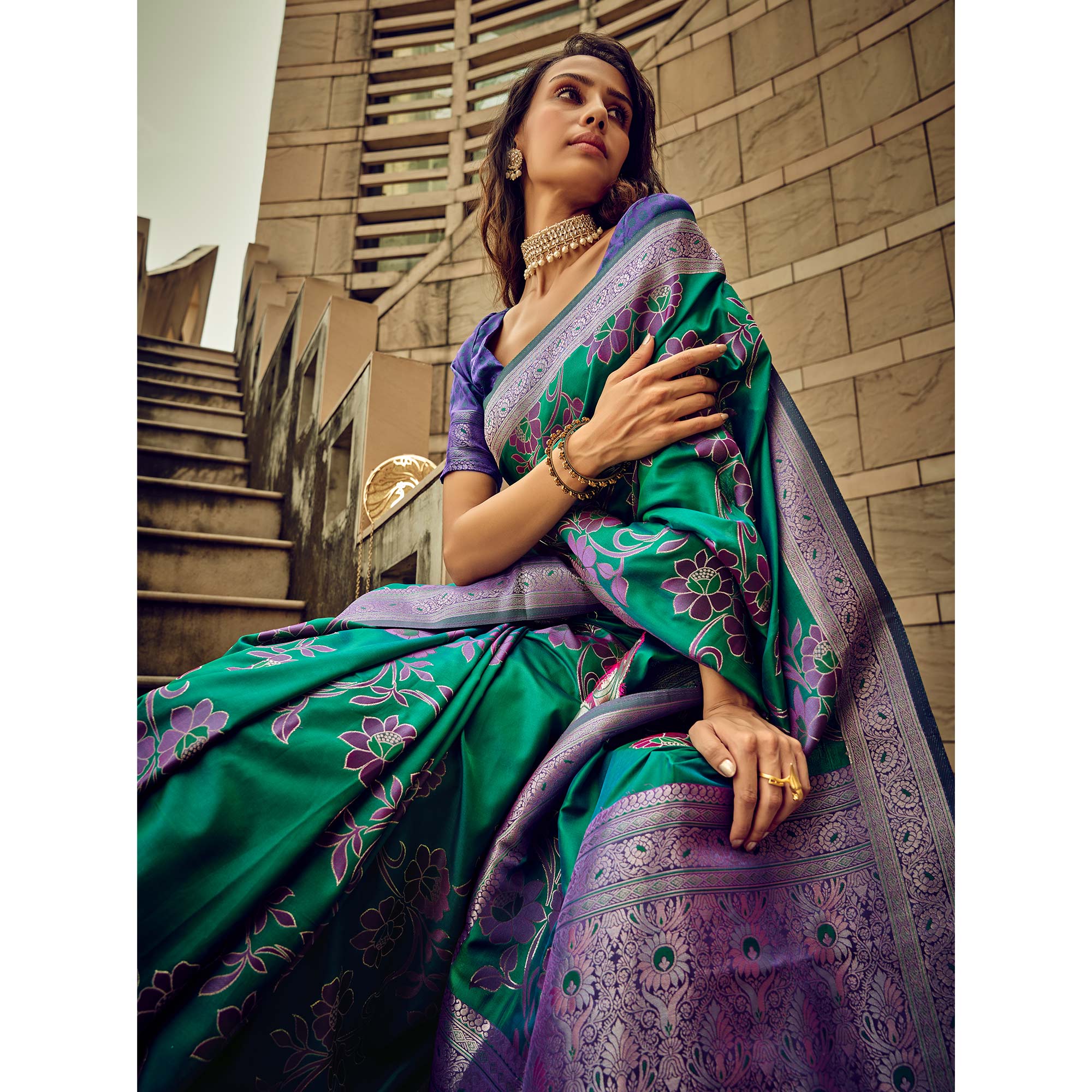 Green Floral Woven Satin Saree With Tassels