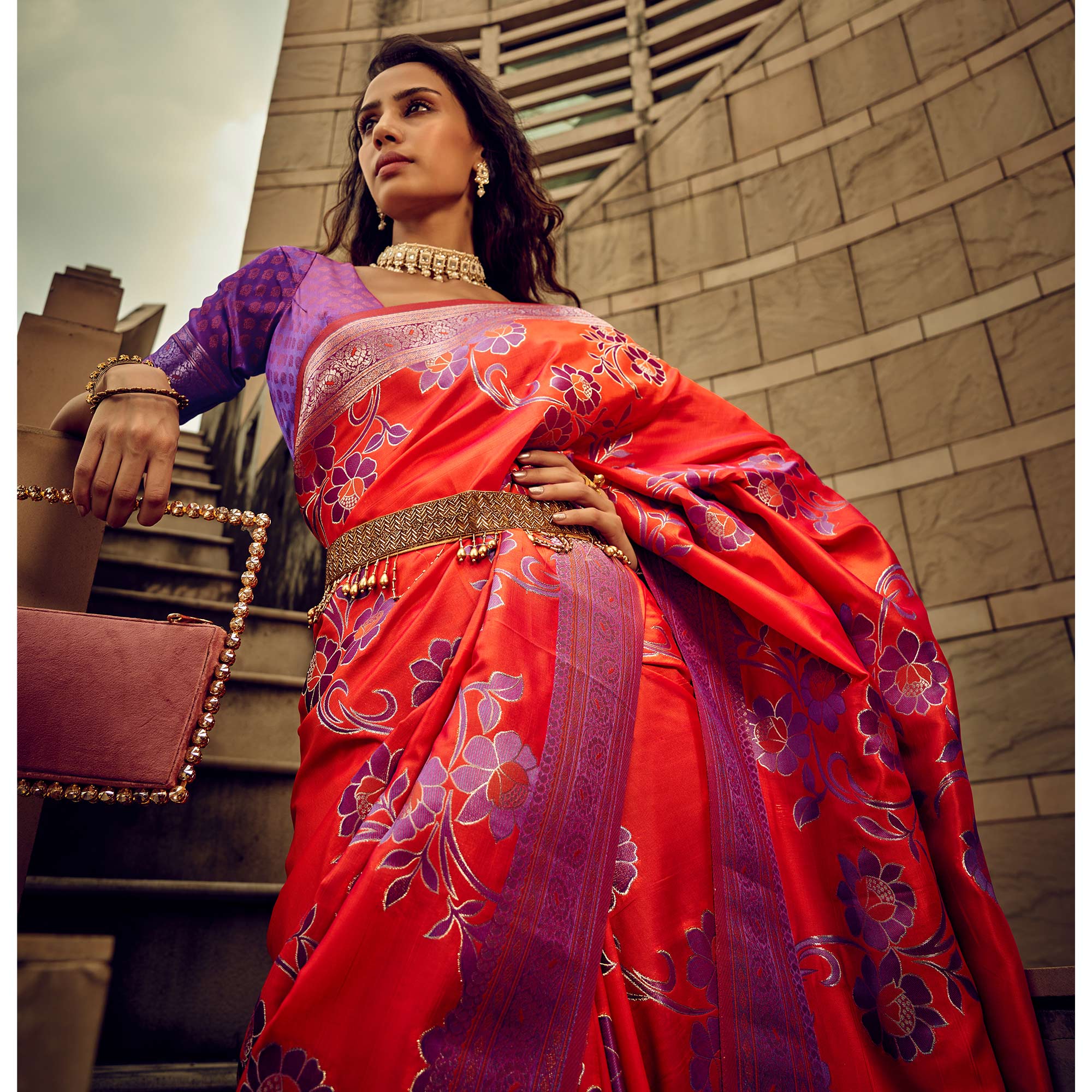 Red Floral Woven Satin Saree With Tassels