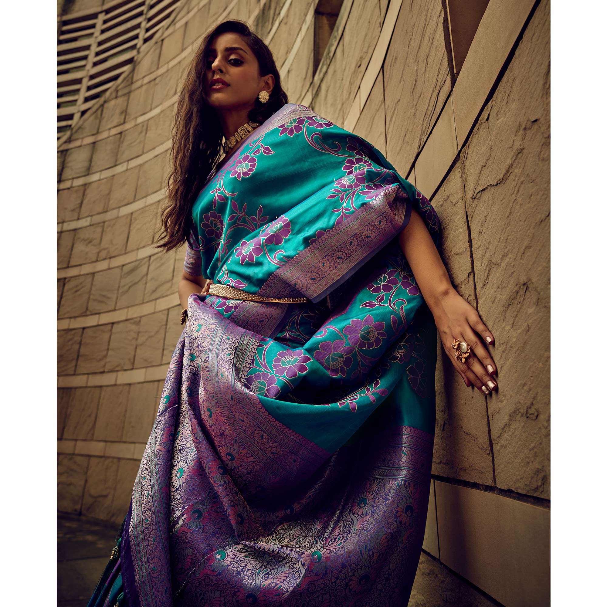 Rama Blue Floral Woven Satin Saree With Tassels