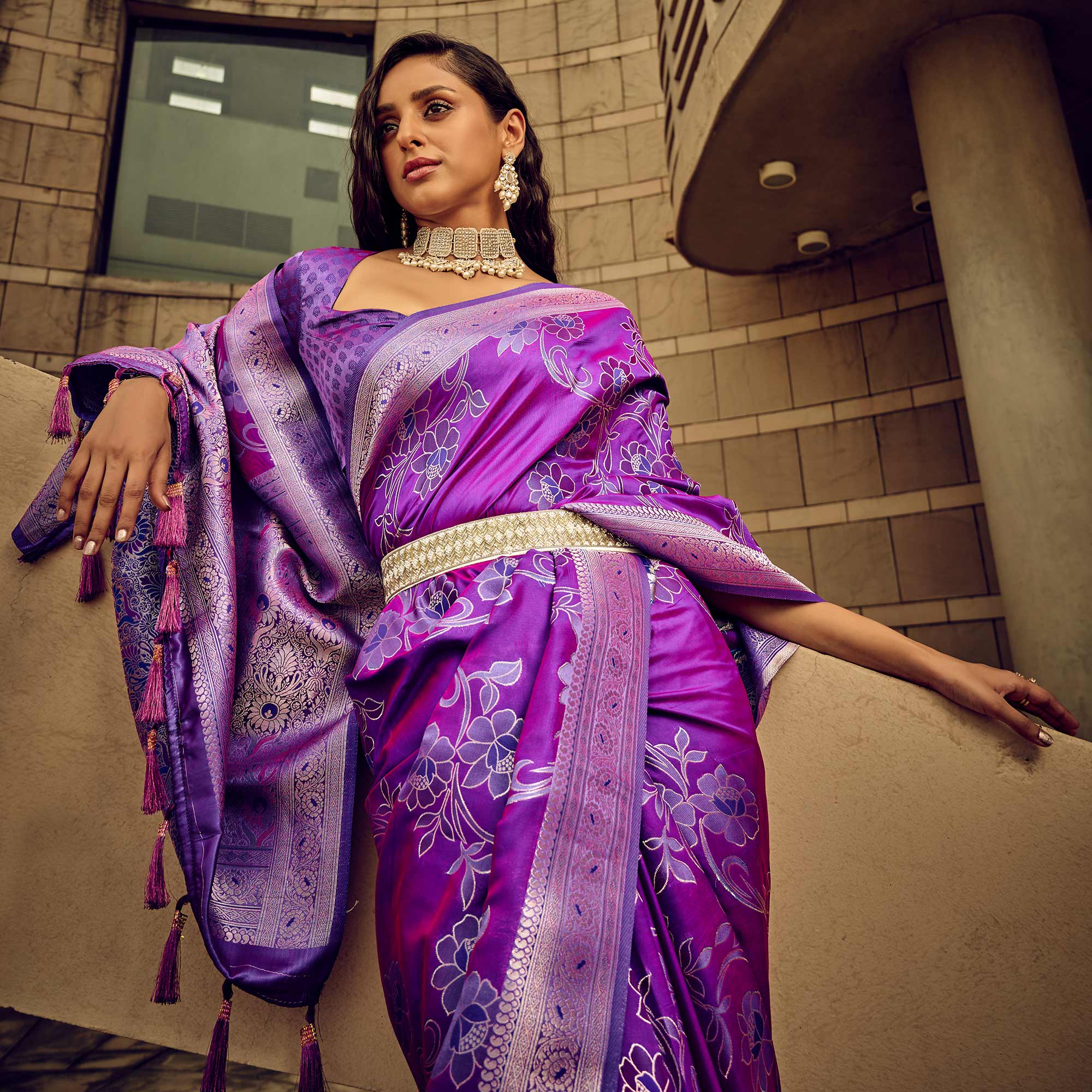 Purple Floral Woven Satin Saree With Tassels