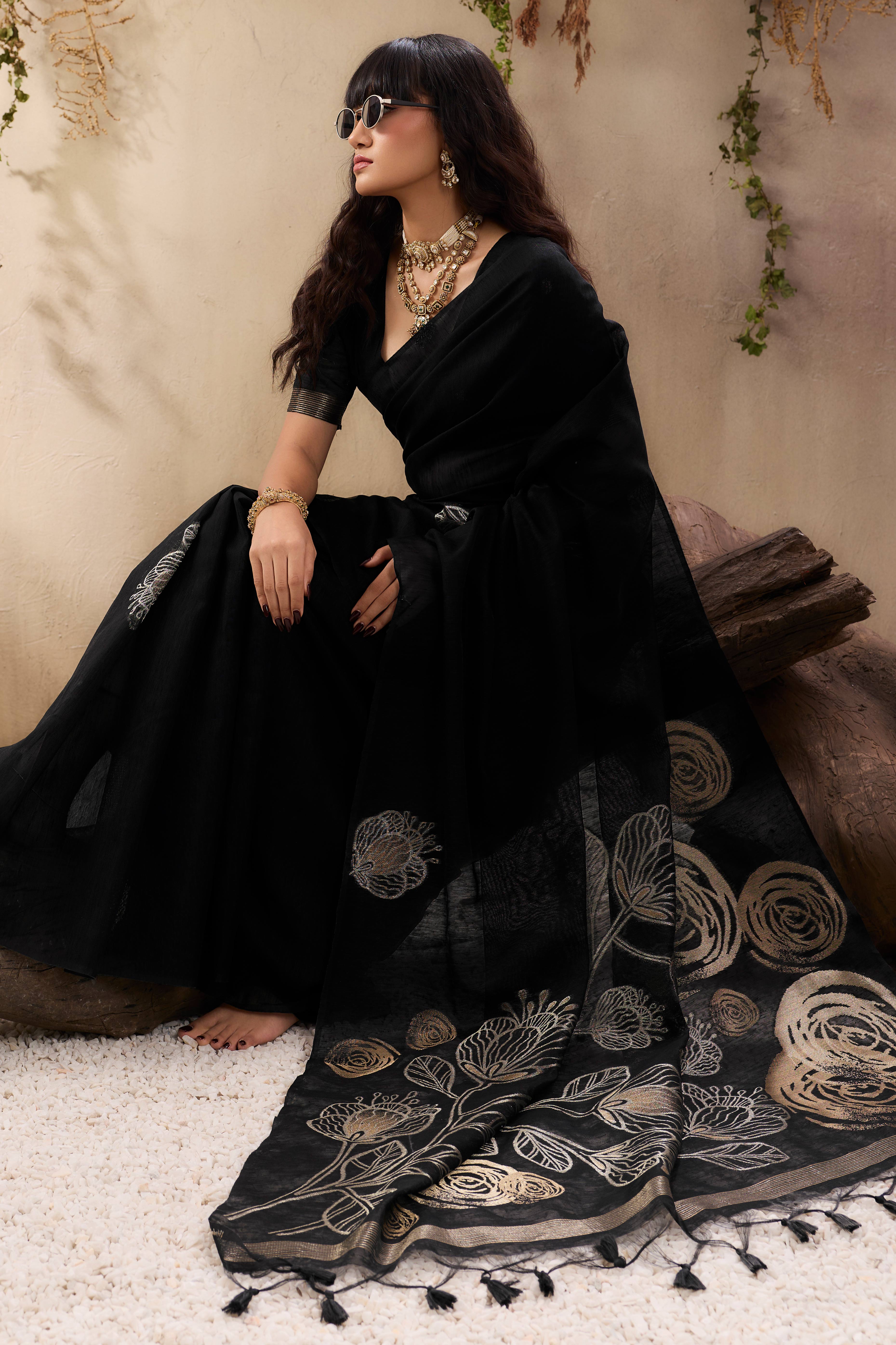 Black Heritage Munga Art Silk Saree Highlighted with Fine Zari Weaving