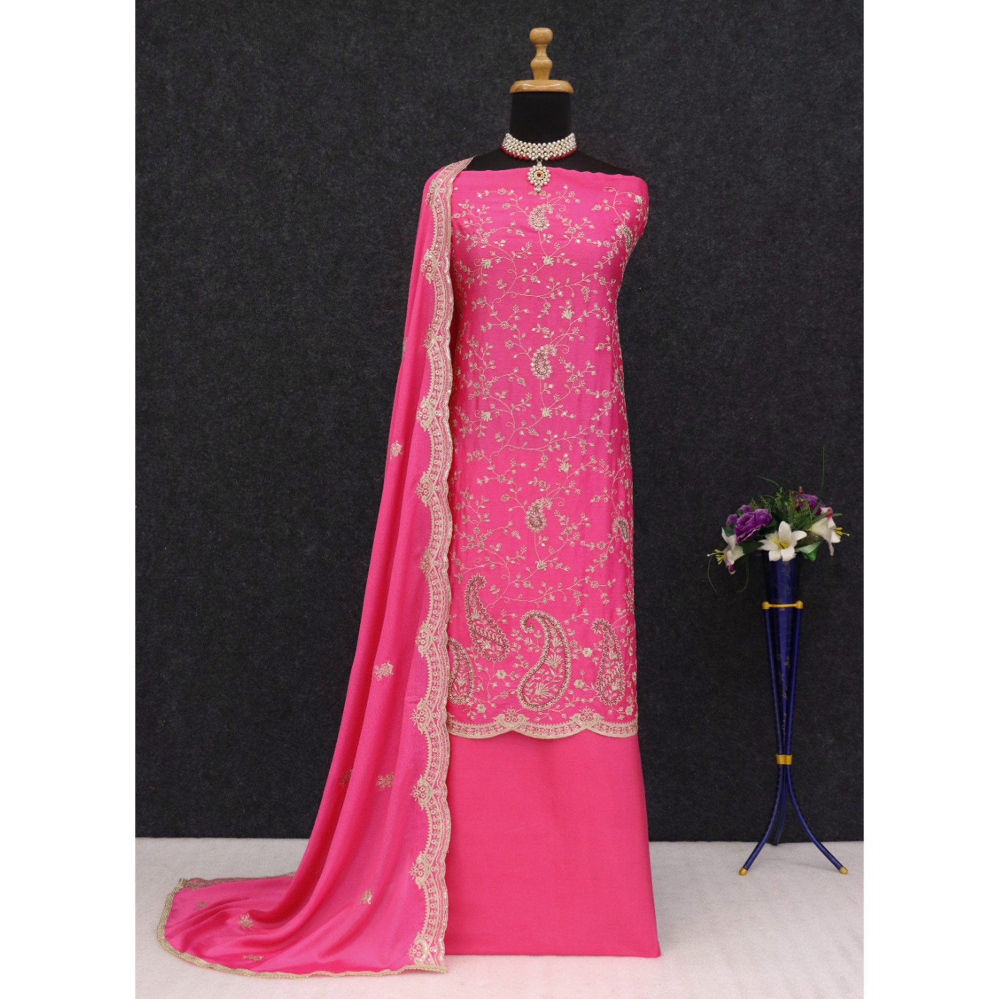 Pink Floral Sequins Embroidered Georgette Semi Stitched Salwar Suit