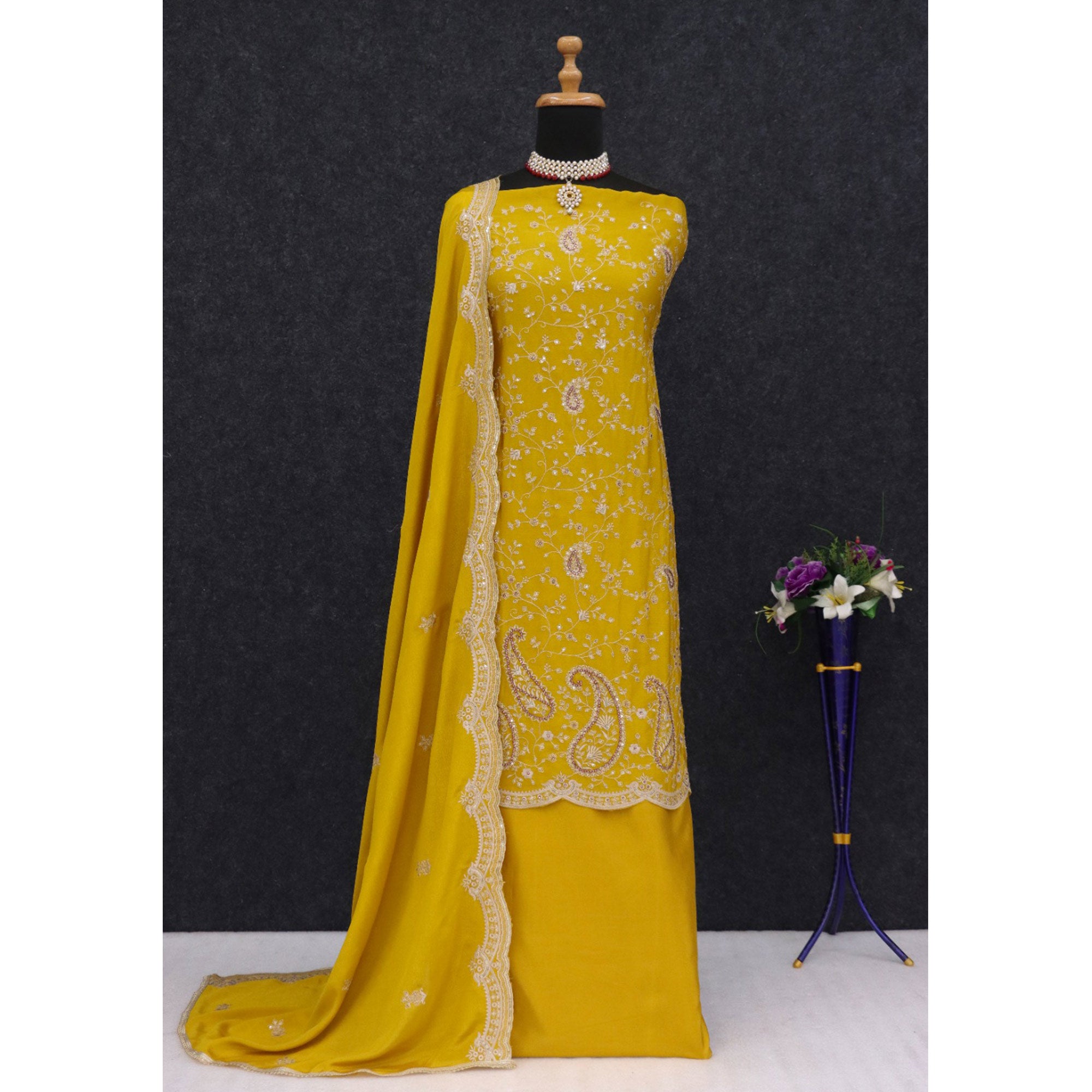 Yellow Floral Sequins Embroidered Georgette Semi Stitched Salwar Suit