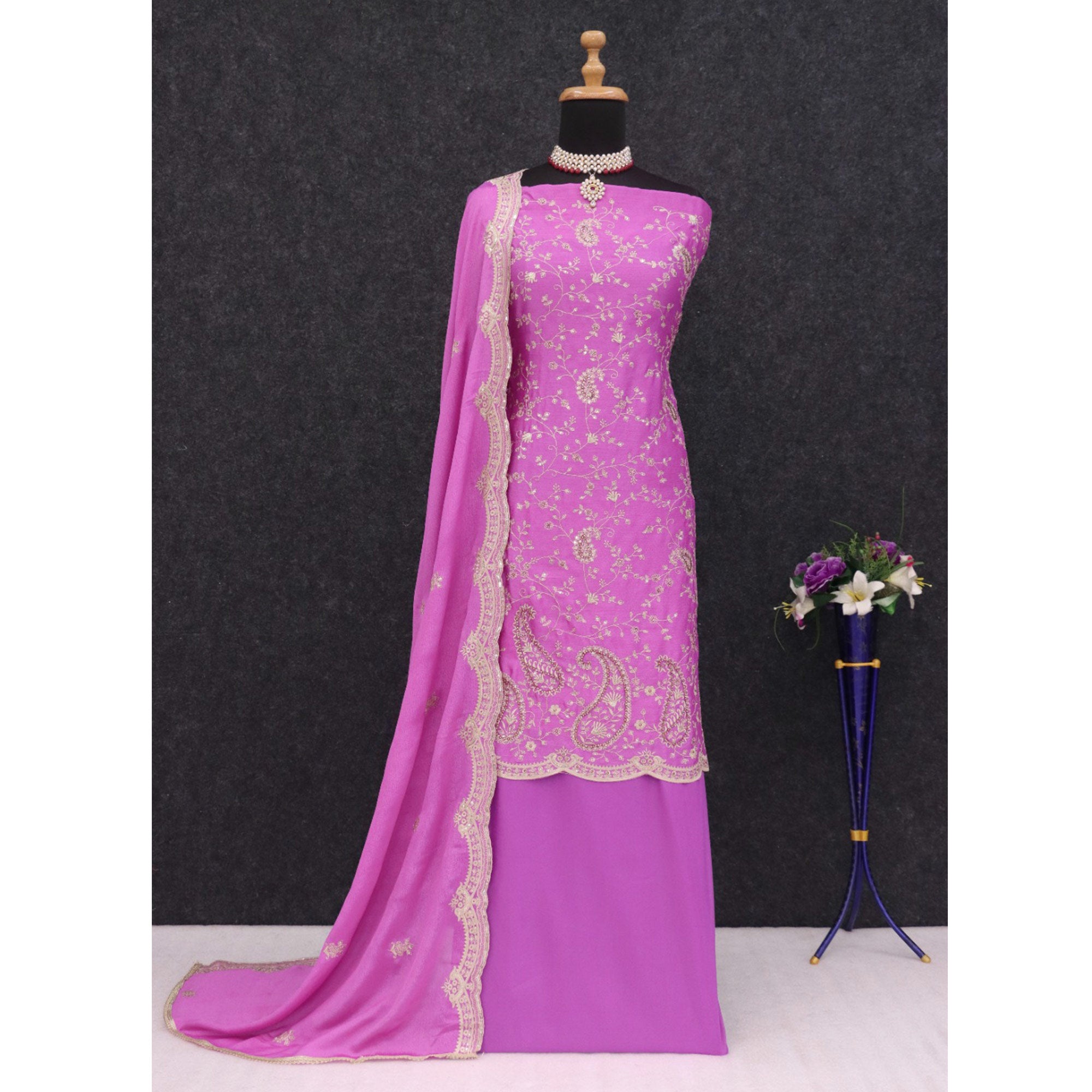 Purple Floral Sequins Embroidered Georgette Semi Stitched Salwar Suit