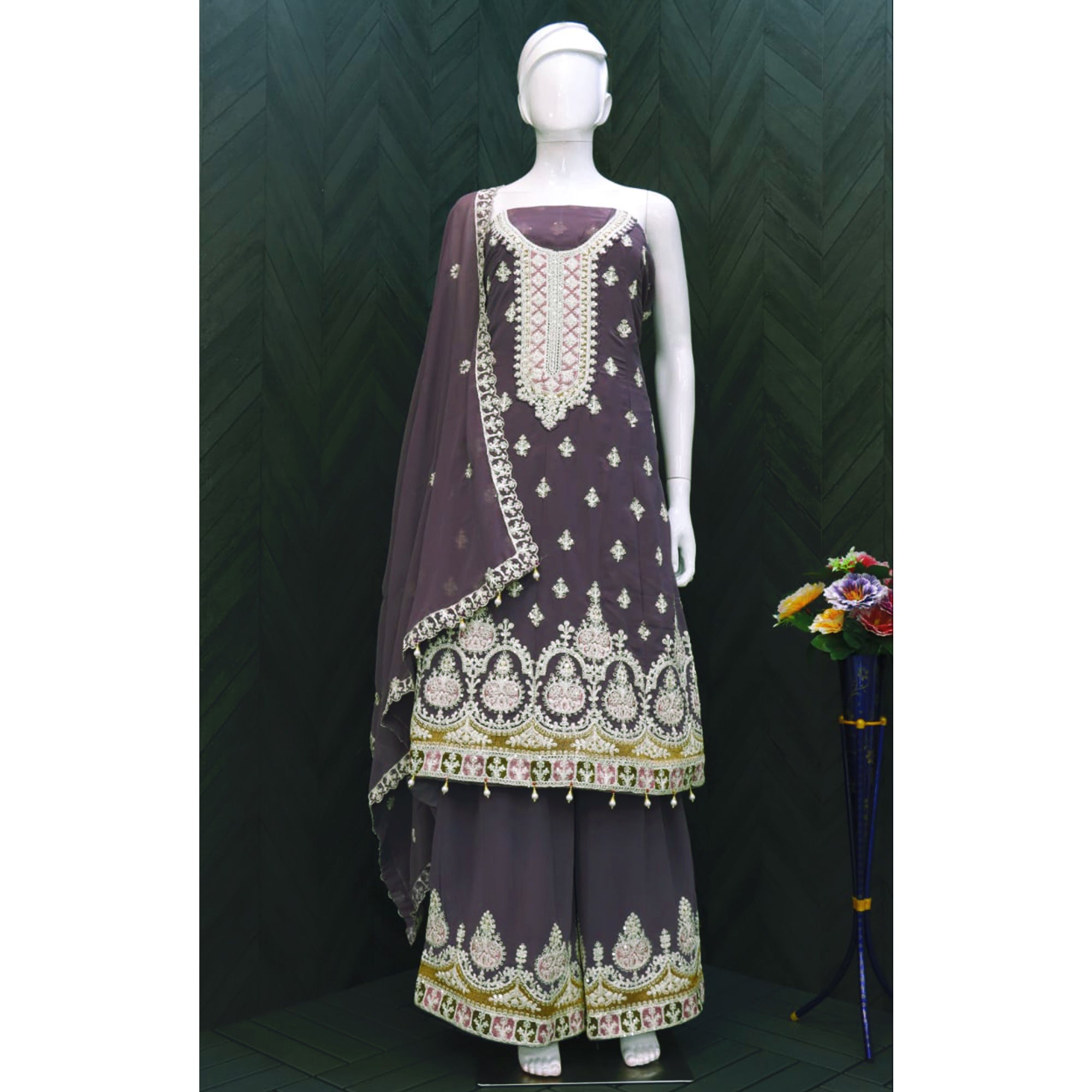 Purple Mauve Sequins Embroidered Georgette Semi Stitched Sharara Suit