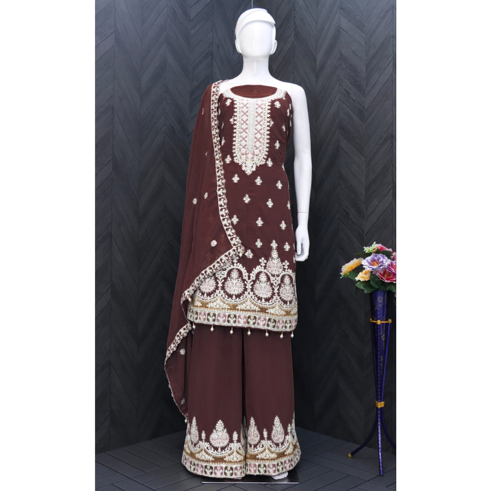 Brown Sequins Embroidered Georgette Semi Stitched Sharara Suit