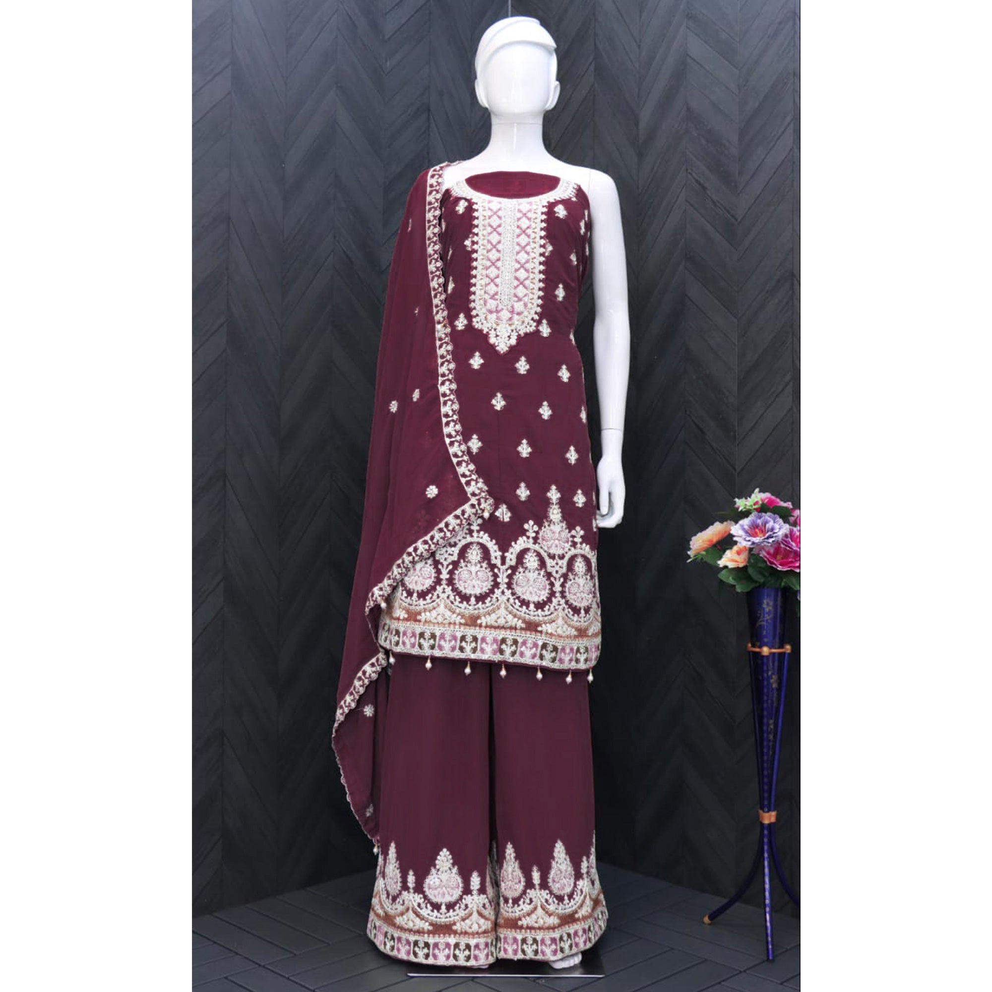 Maroon Sequins Embroidered Georgette Semi Stitched Sharara Suit