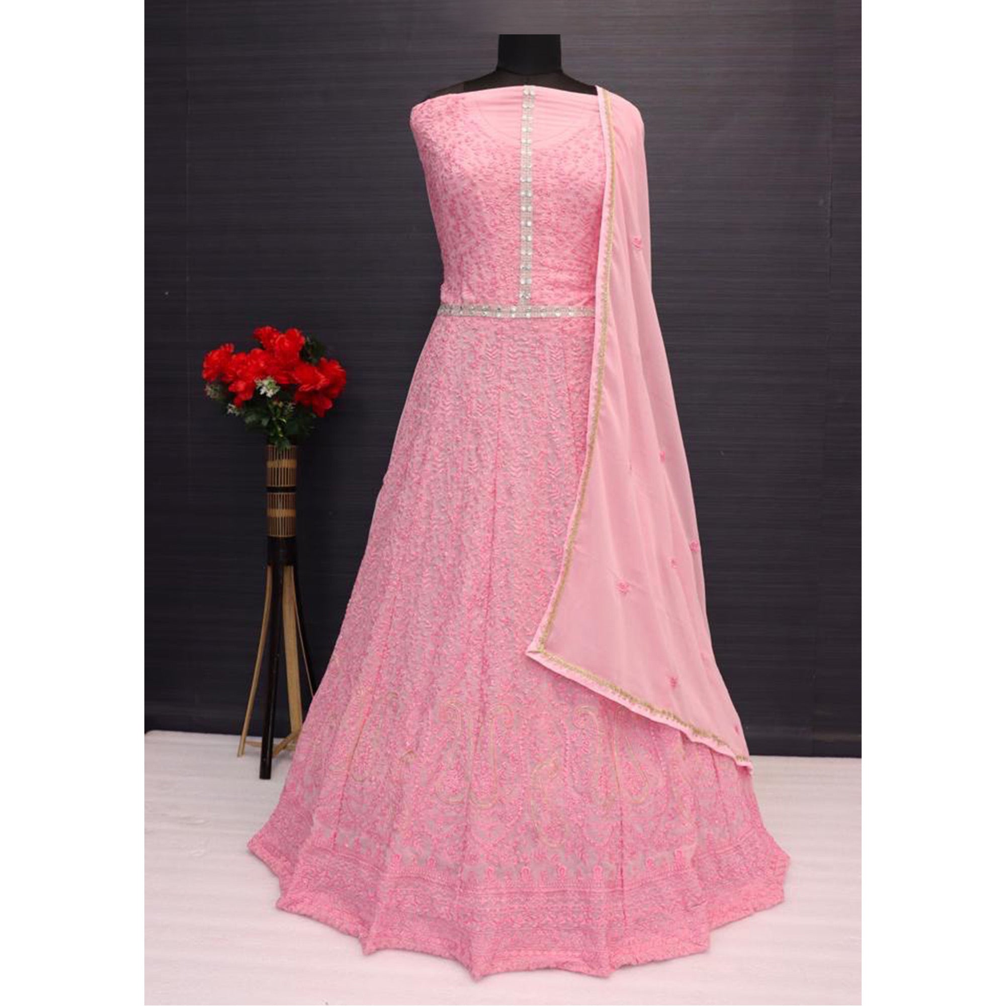 Pink Floral Embroidered Georgette Semi Stitched Anarkali Suit