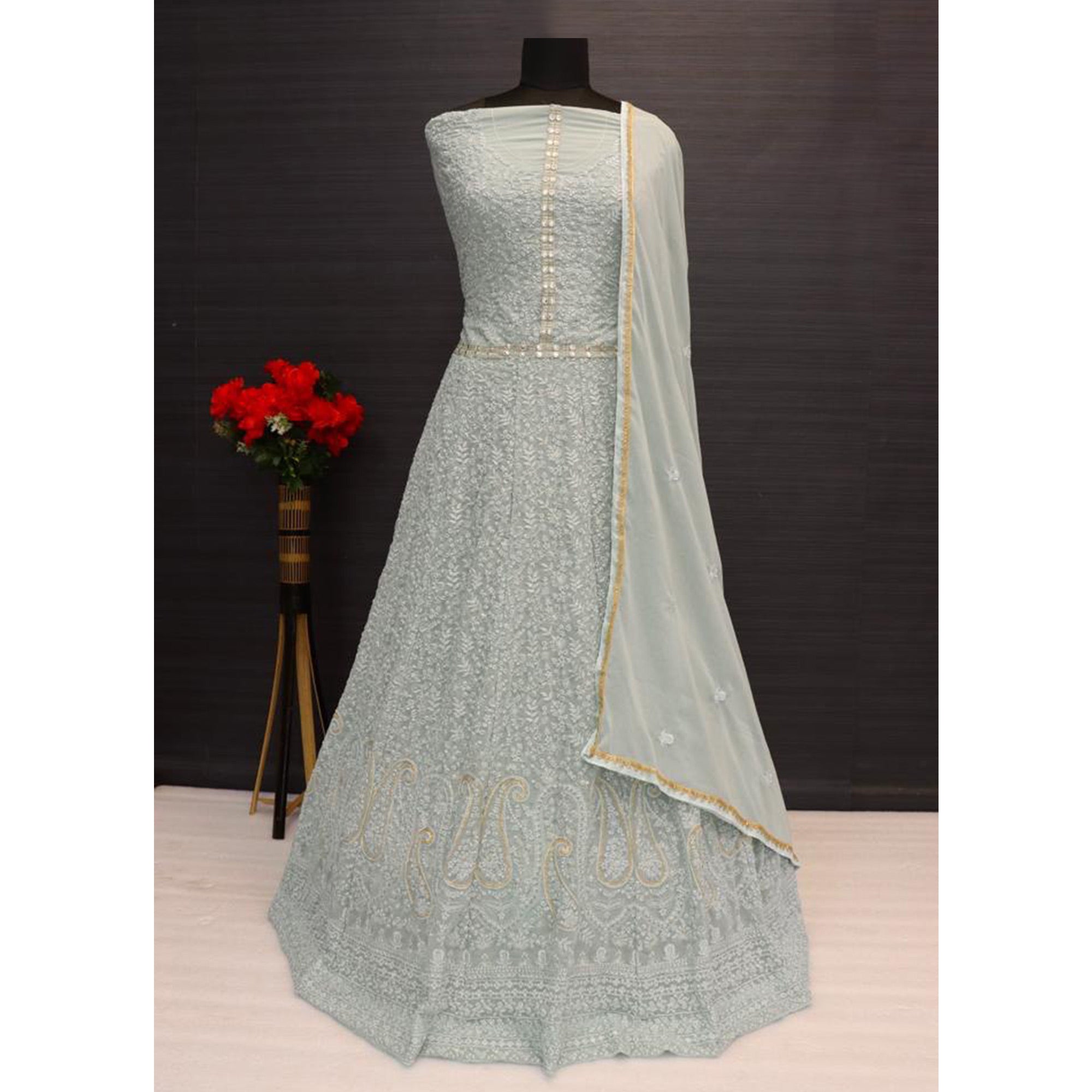 Light Turquoise Floral Embroidered Georgette Semi Stitched Anarkali Suit