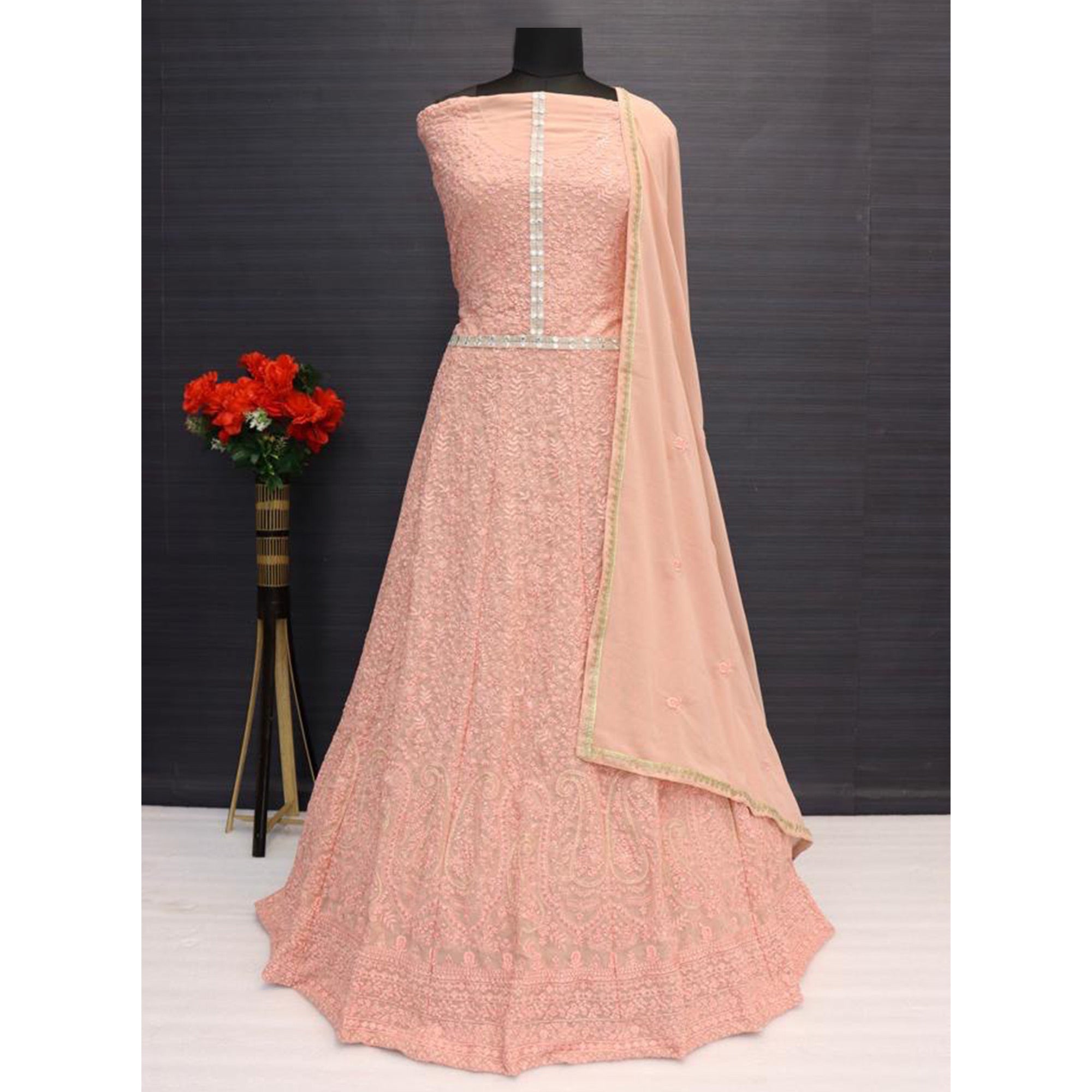 Peach Floral Embroidered Georgette Semi Stitched Anarkali Suit