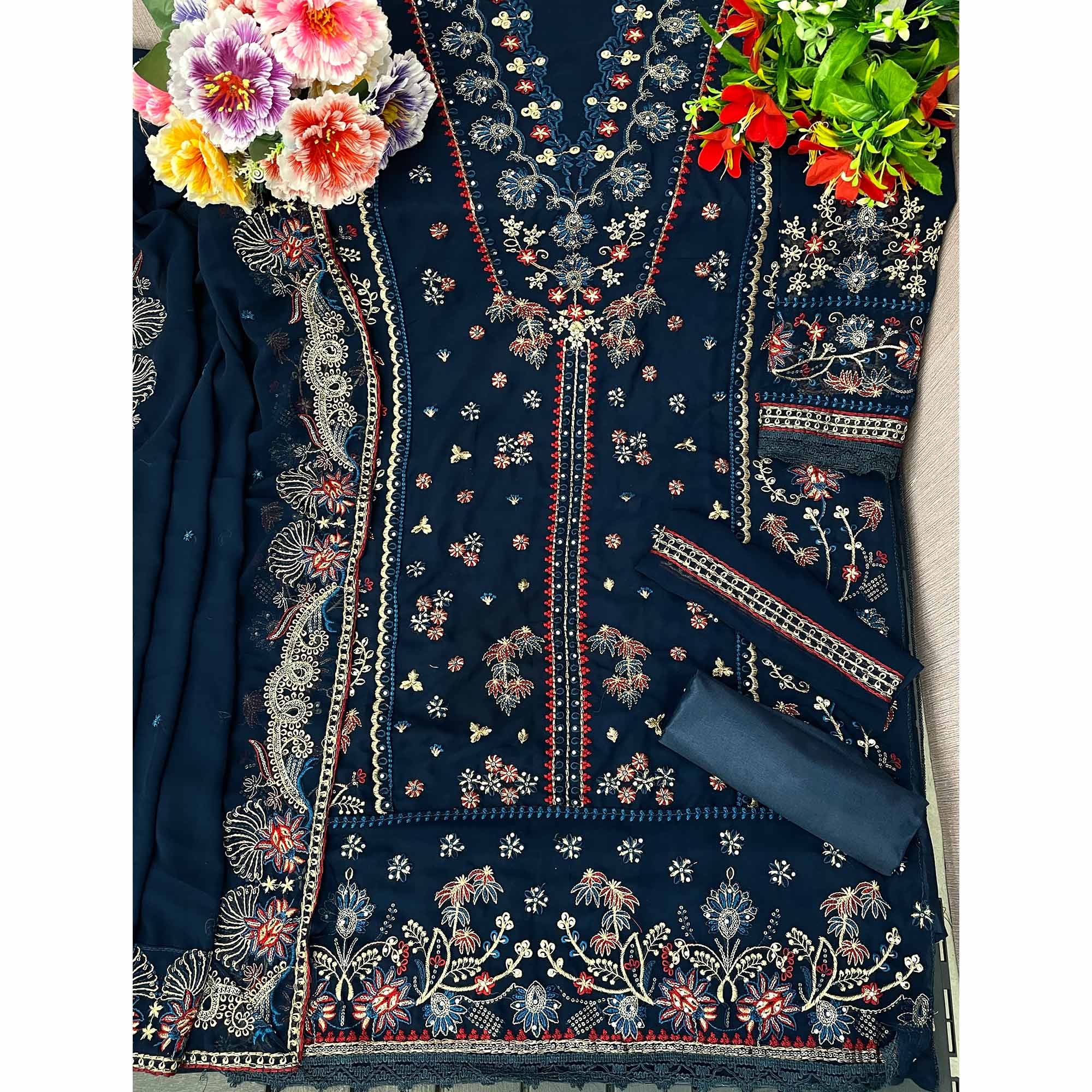 Blue Floral Embroidered Georgette Semi Stitched Suit