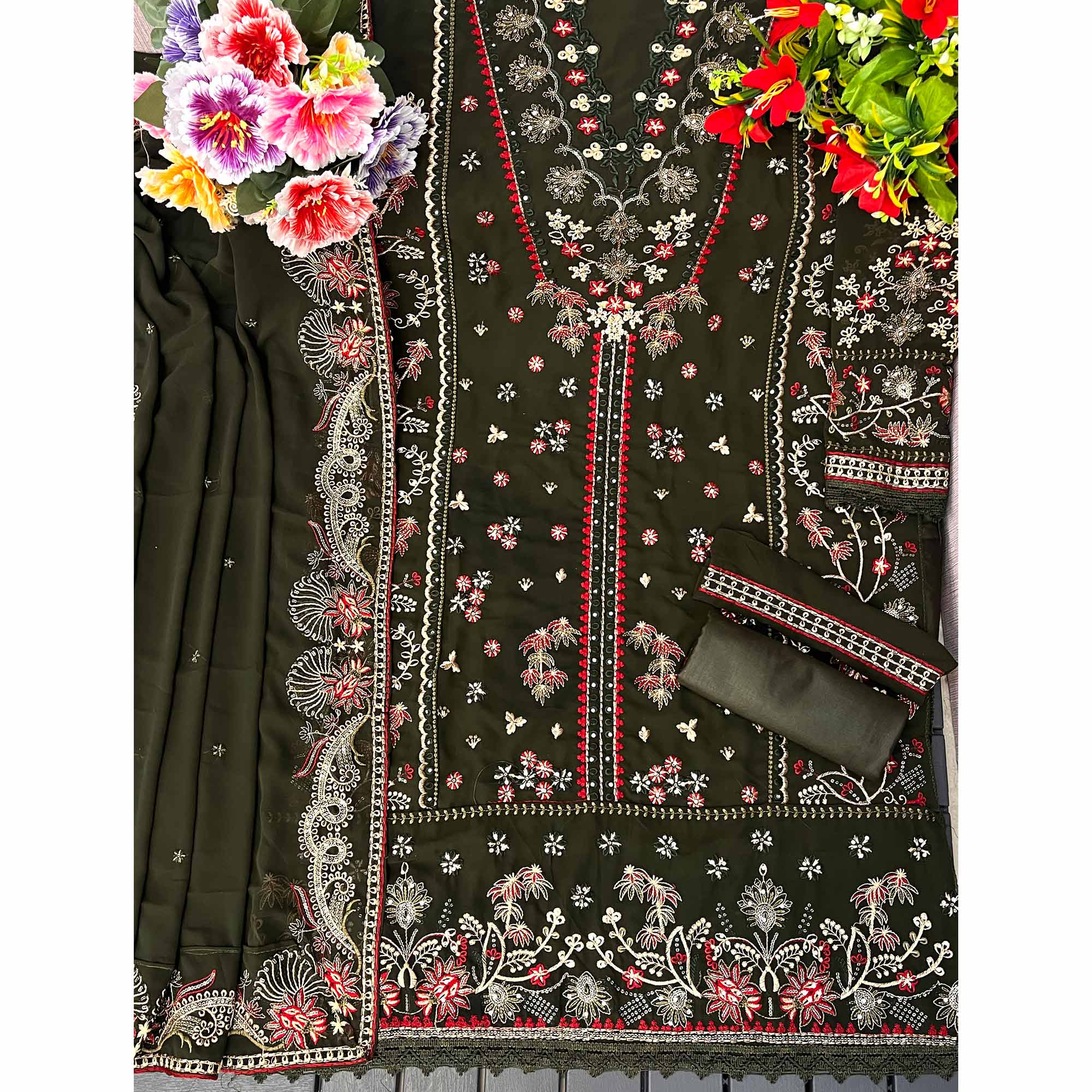 Mehandi Green Floral Embroidered Georgette Semi Stitched Suit
