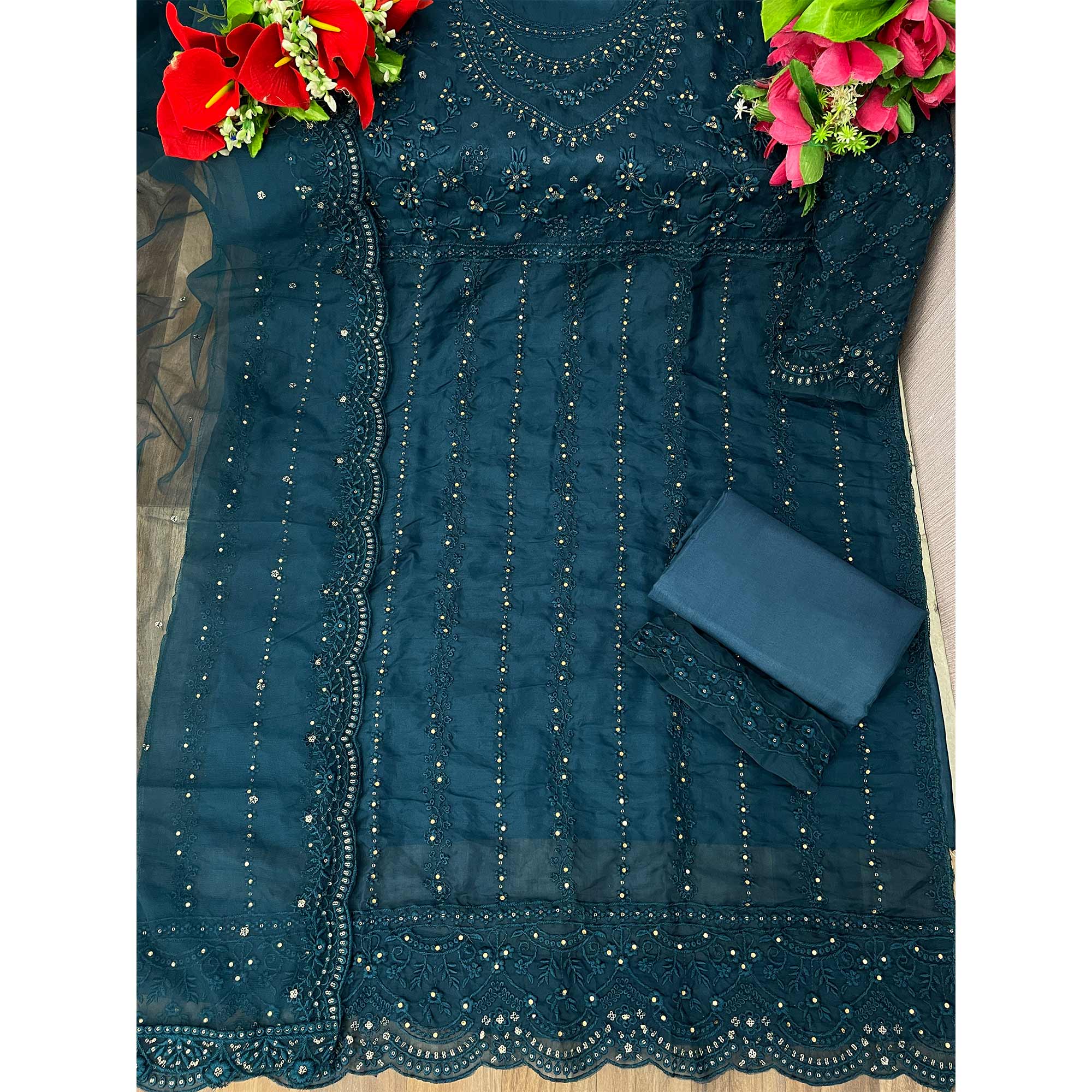 Teal Blue Floral Embroidered Organza Semi Stitched Suit