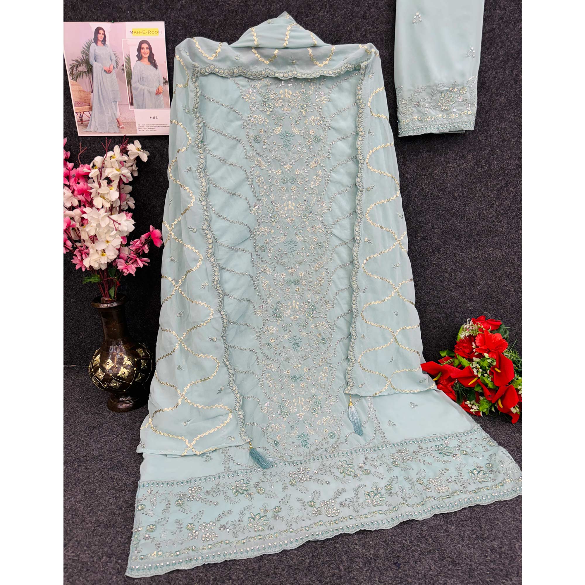 Sky Blue Embroidered Georgette Pakistani Semi Stitched Dress Material