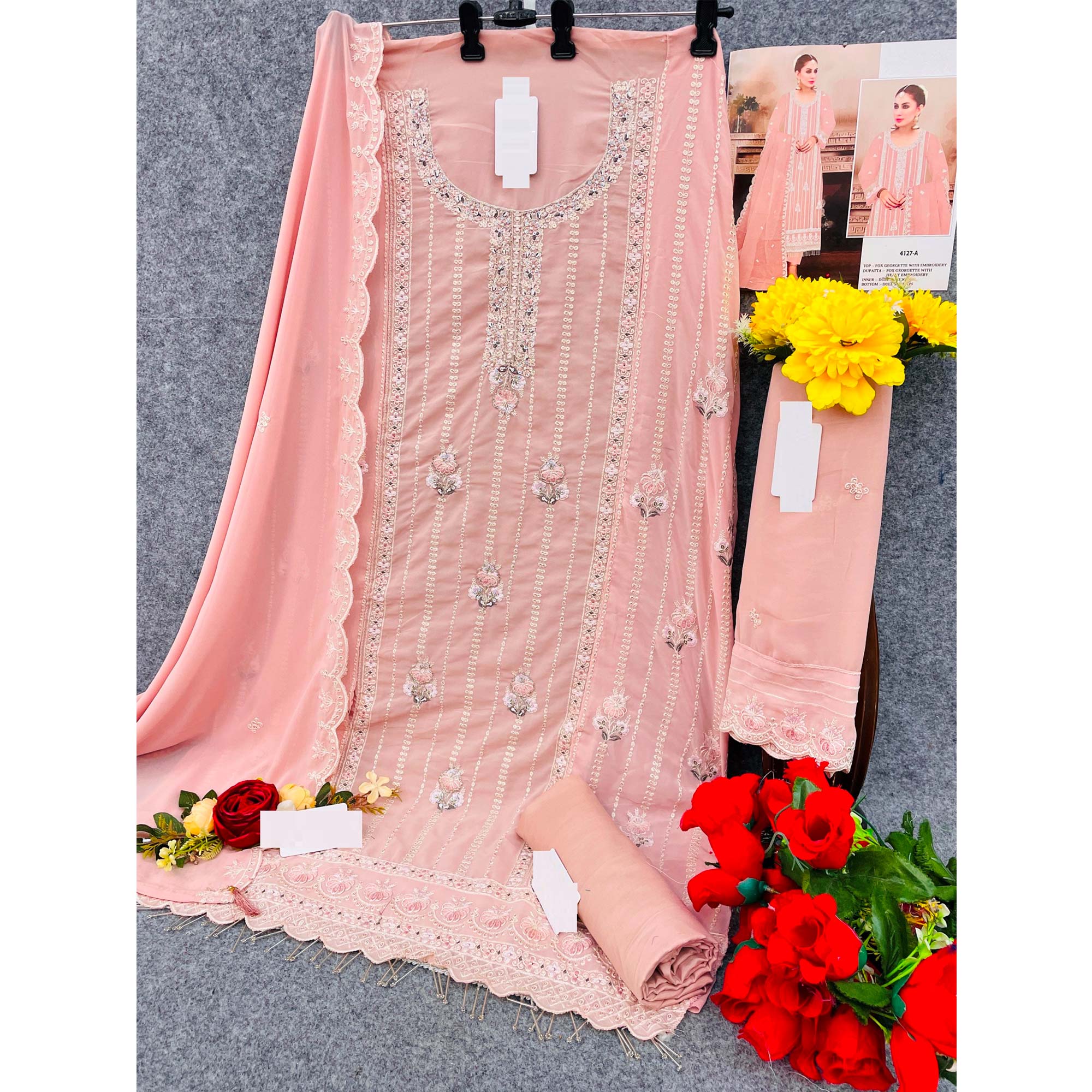 Peach Floral Hand Embroidered Georgette Semi Stitched Pakistani Suit