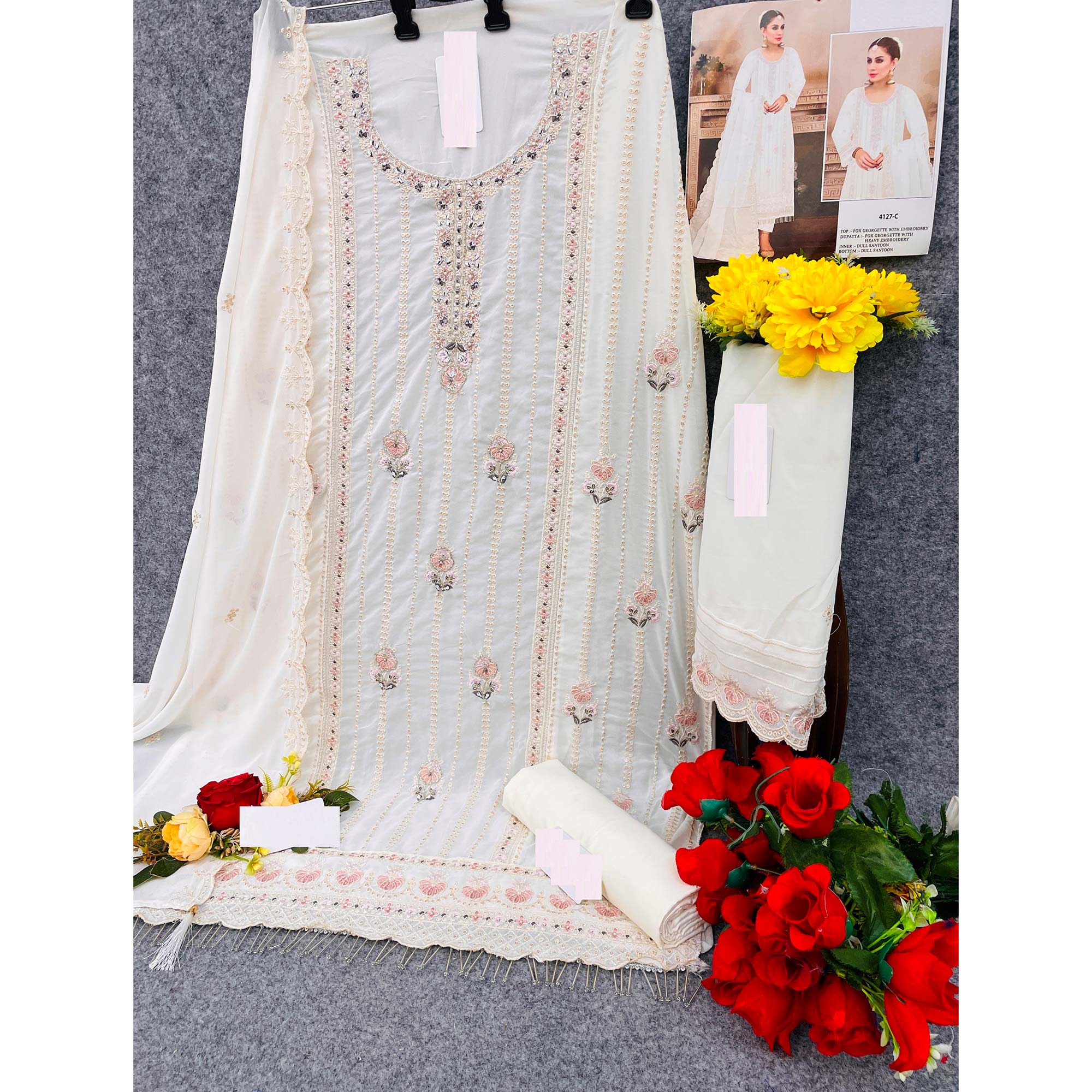 Cream Floral Hand Embroidered Georgette Semi Stitched Pakistani Suit