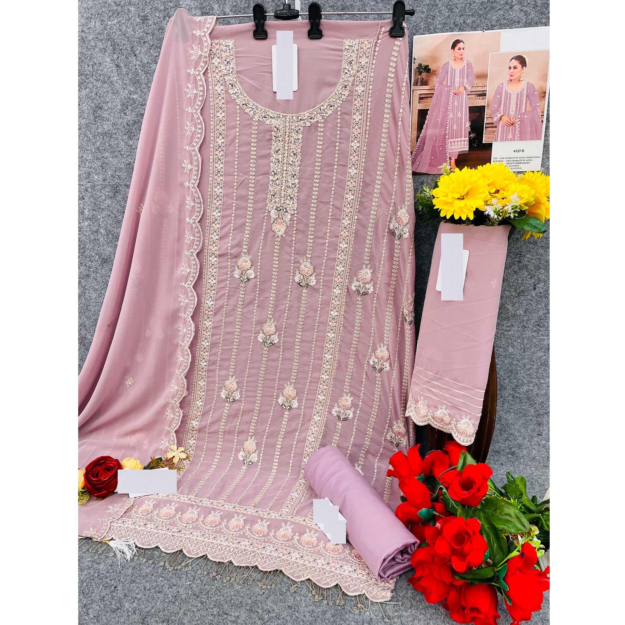 Light Purple Floral Hand Embroidered Georgette Semi Stitched Pakistani Suit