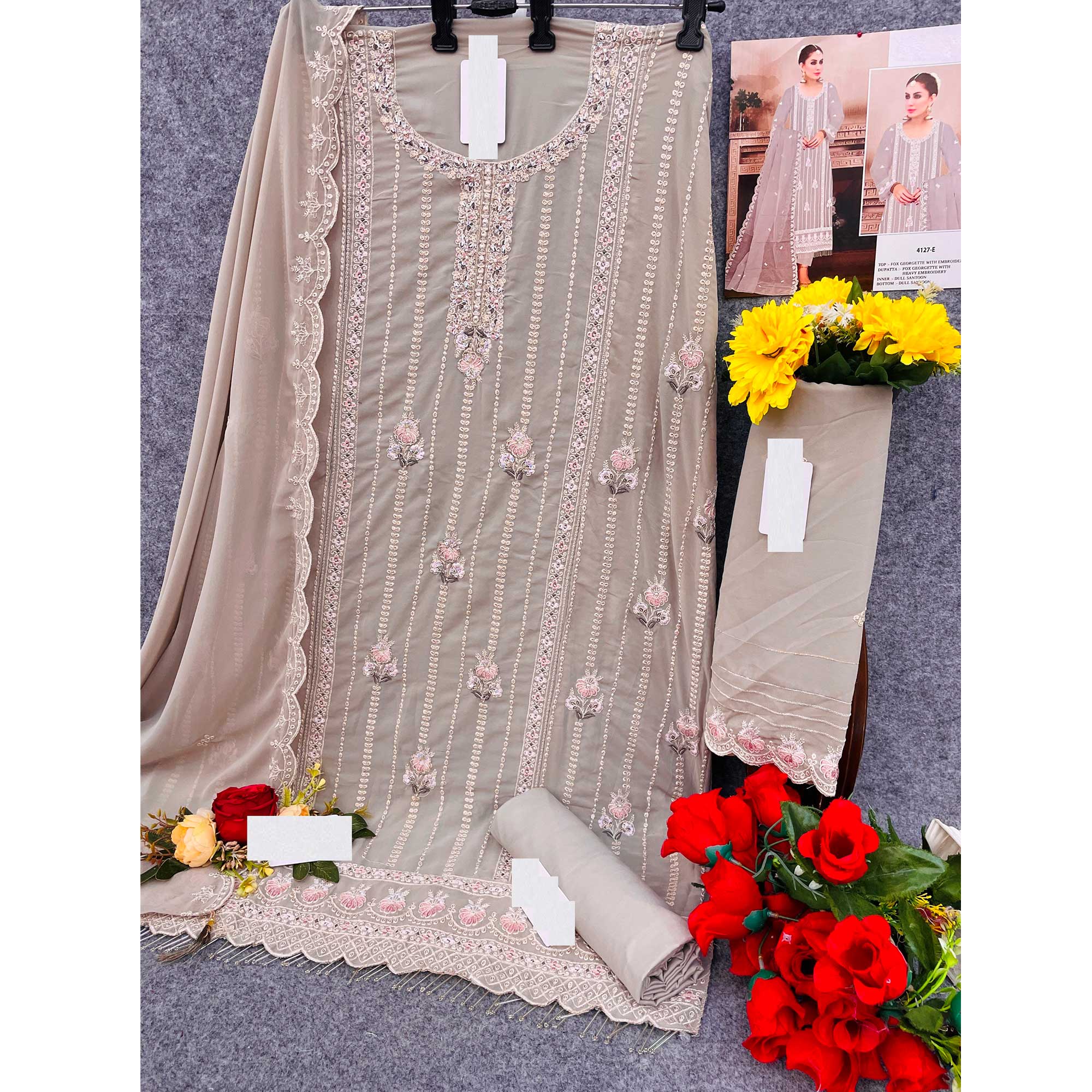 Beige Floral Hand Embroidered Georgette Semi Stitched Pakistani Suit