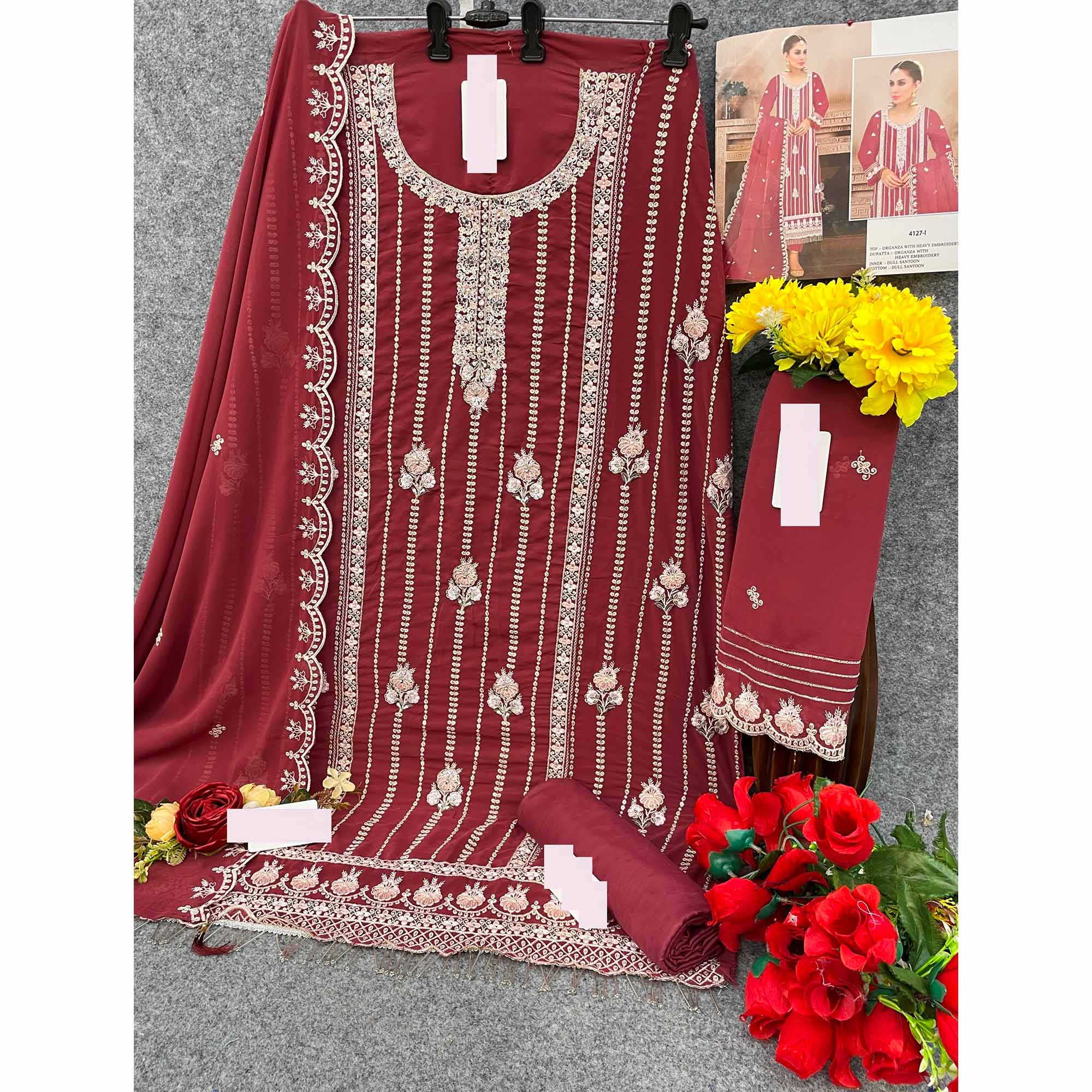 Maroon Floral Hand Embroidered Georgette Semi Stitched Pakistani Suit