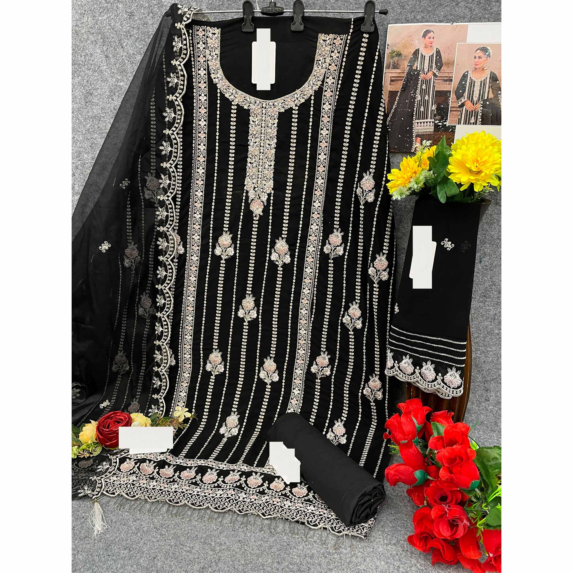 Black Floral Hand Embroidered Georgette Semi Stitched Pakistani Suit