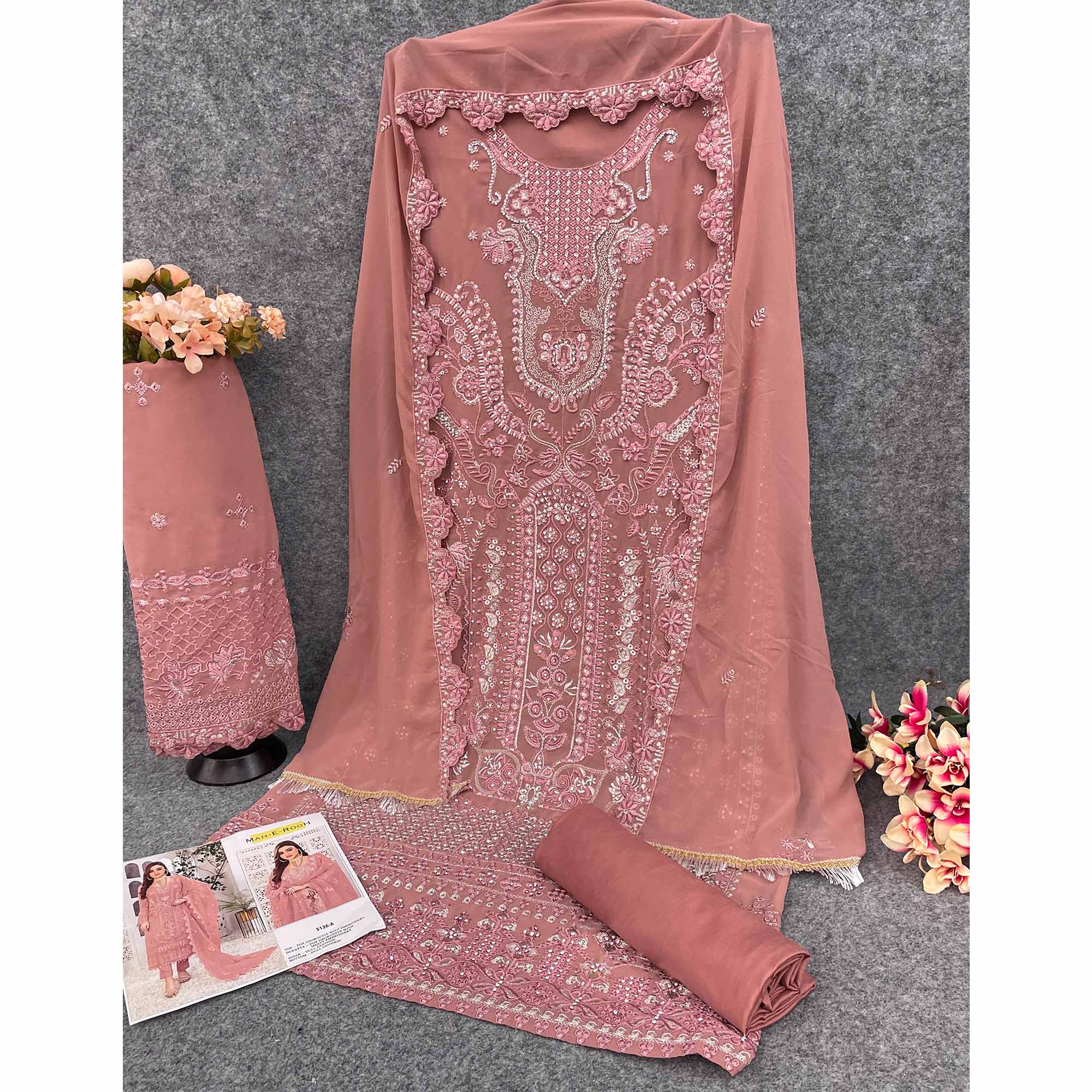 Dusty Peach Floral Embroidered Georgette Semi Stitched Pakistani Suit