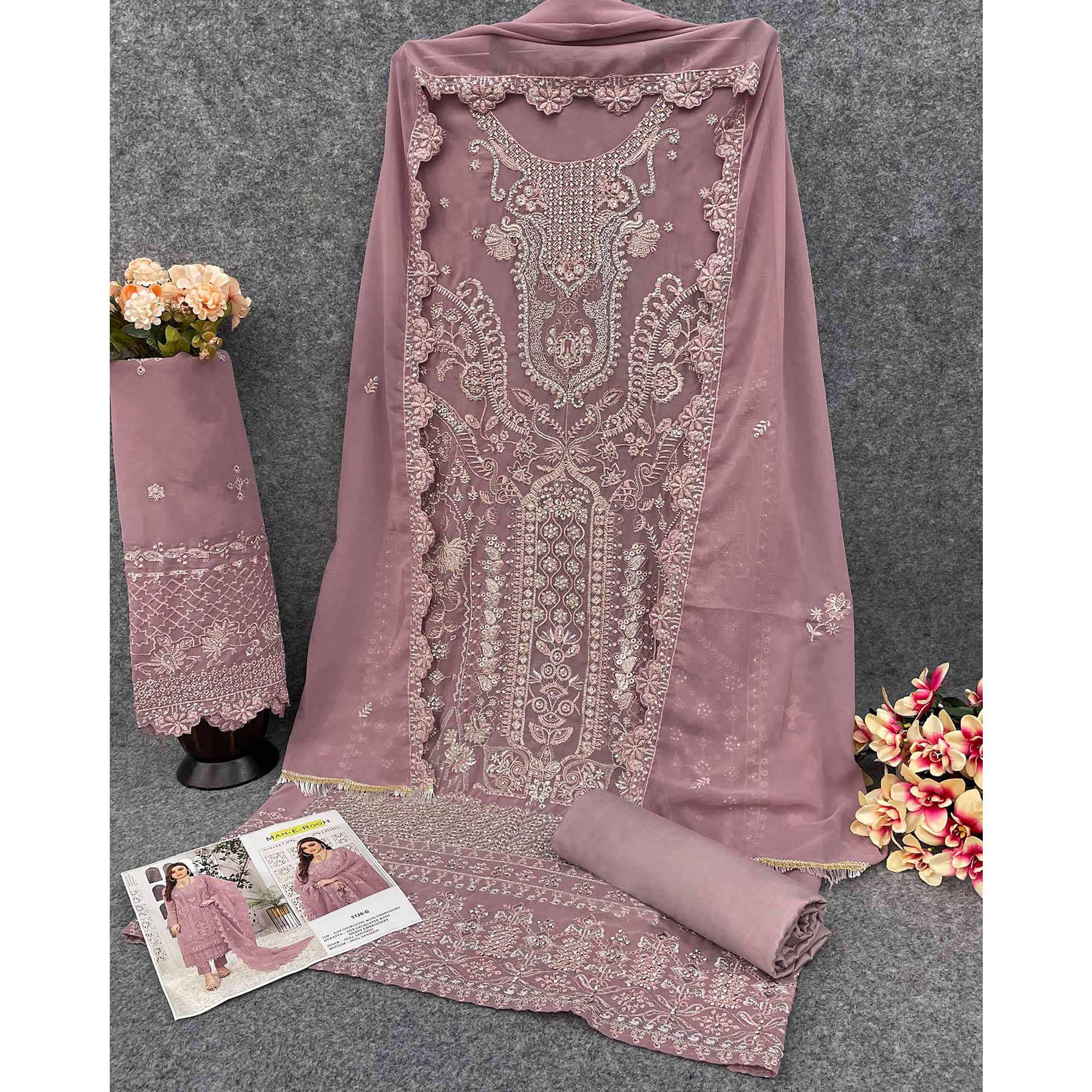 Mauve Floral Embroidered Georgette Semi Stitched Pakistani Suit