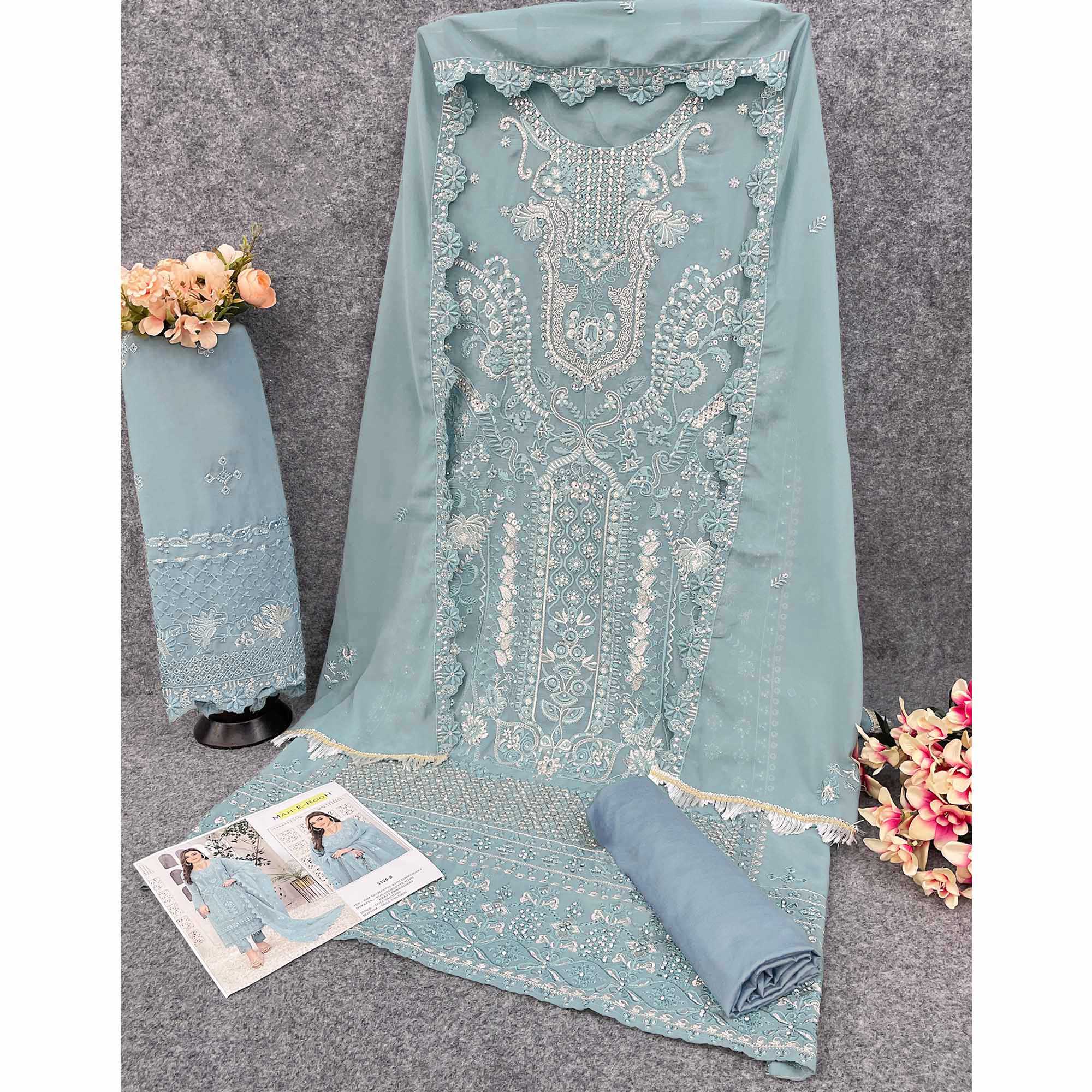 Sky Blue Floral Embroidered Georgette Semi Stitched Pakistani Suit